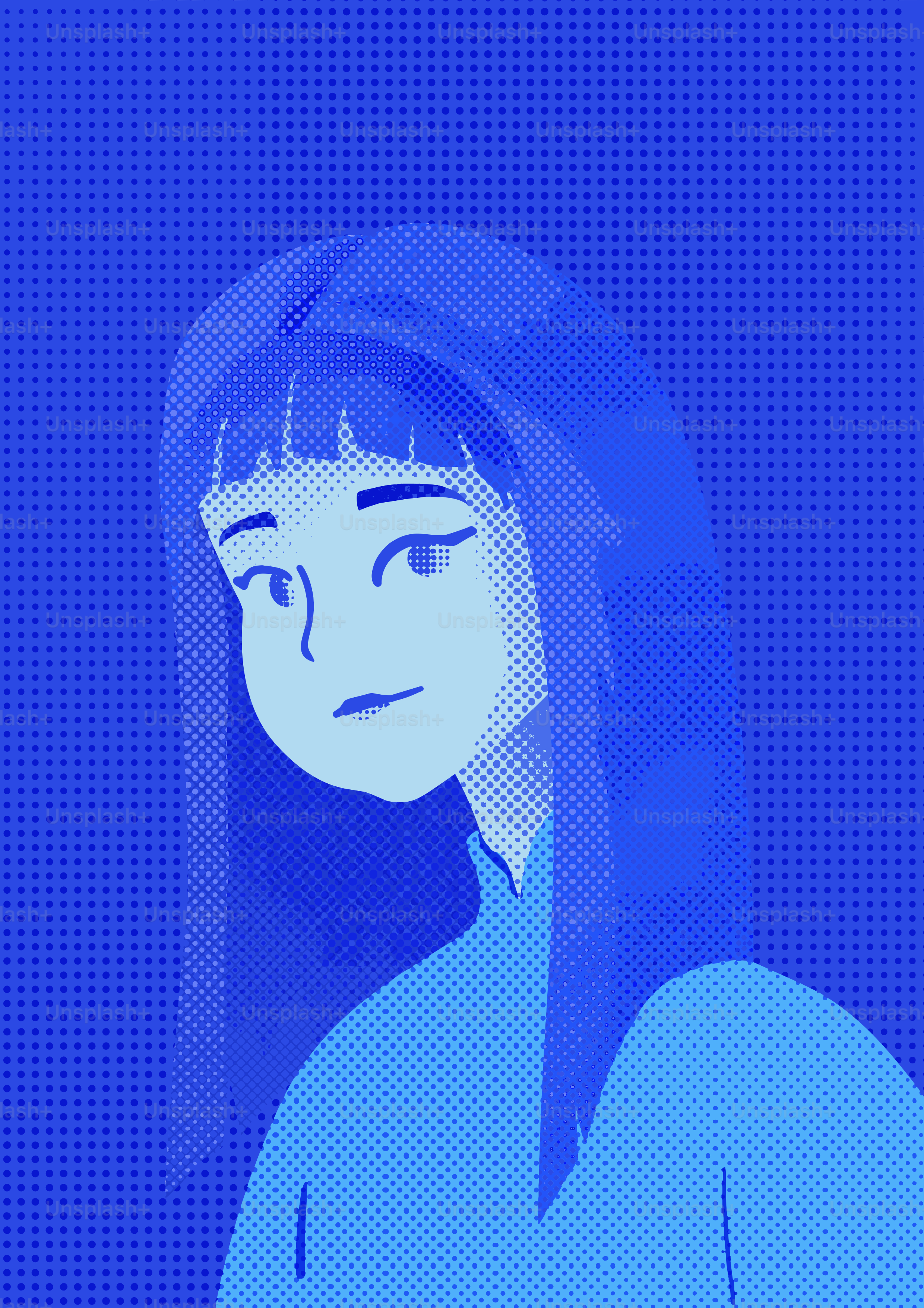 Retrato azul estilizado de una mujer con el pelo largo.