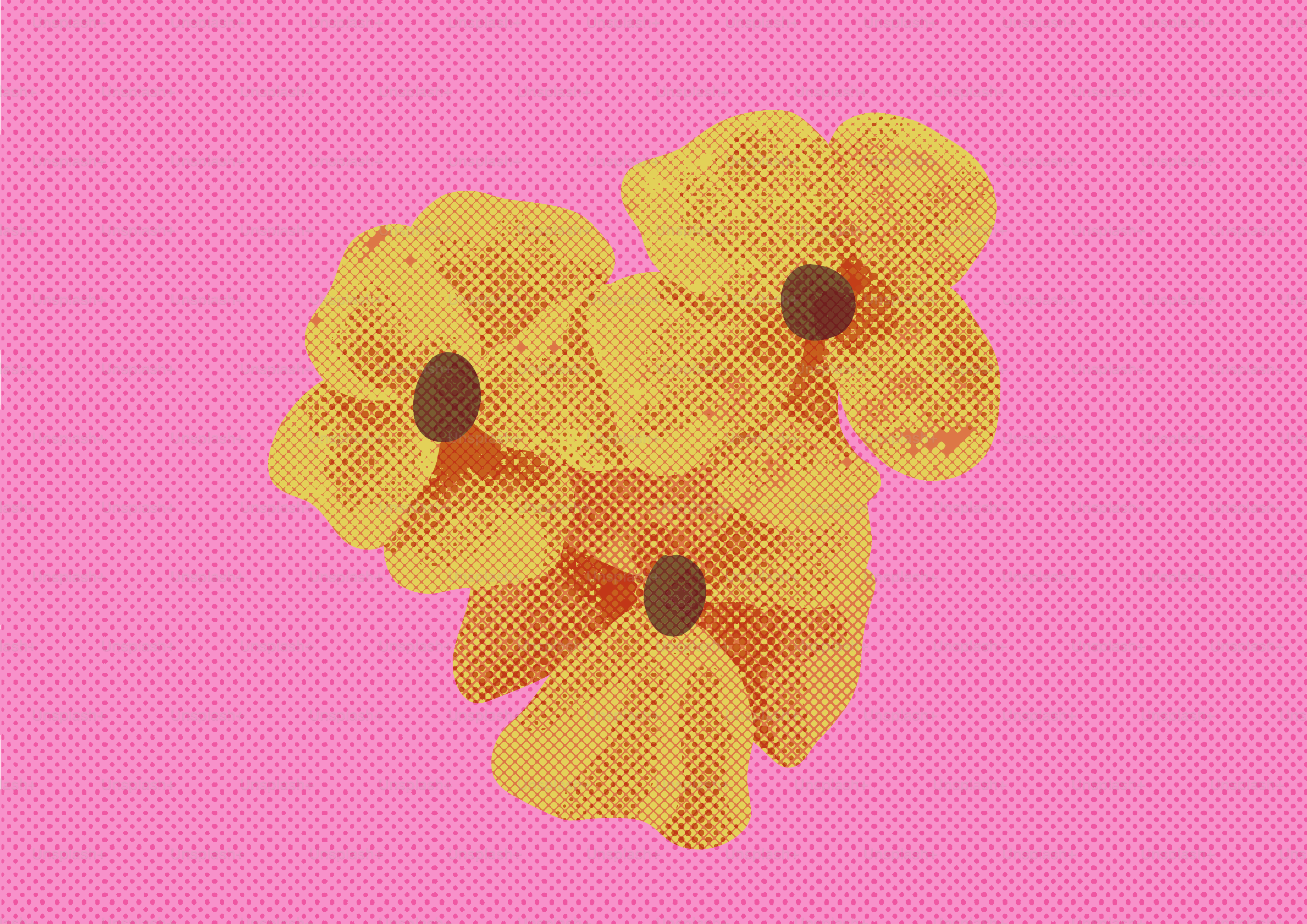 Tres flores amarillas con centros marrones sobre un fondo rosa.