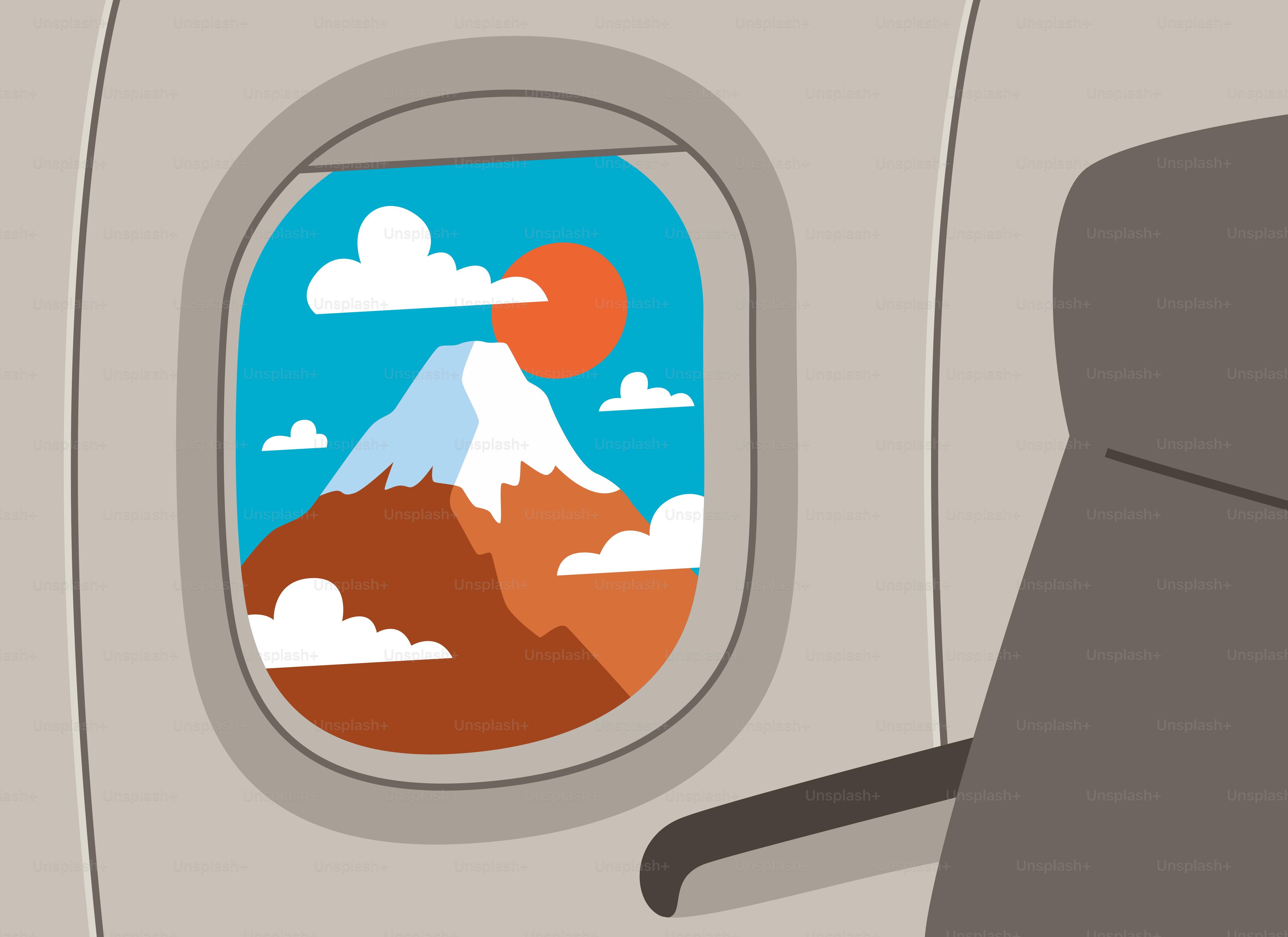 Vista de la ventana del avión de una montaña nevada y sol