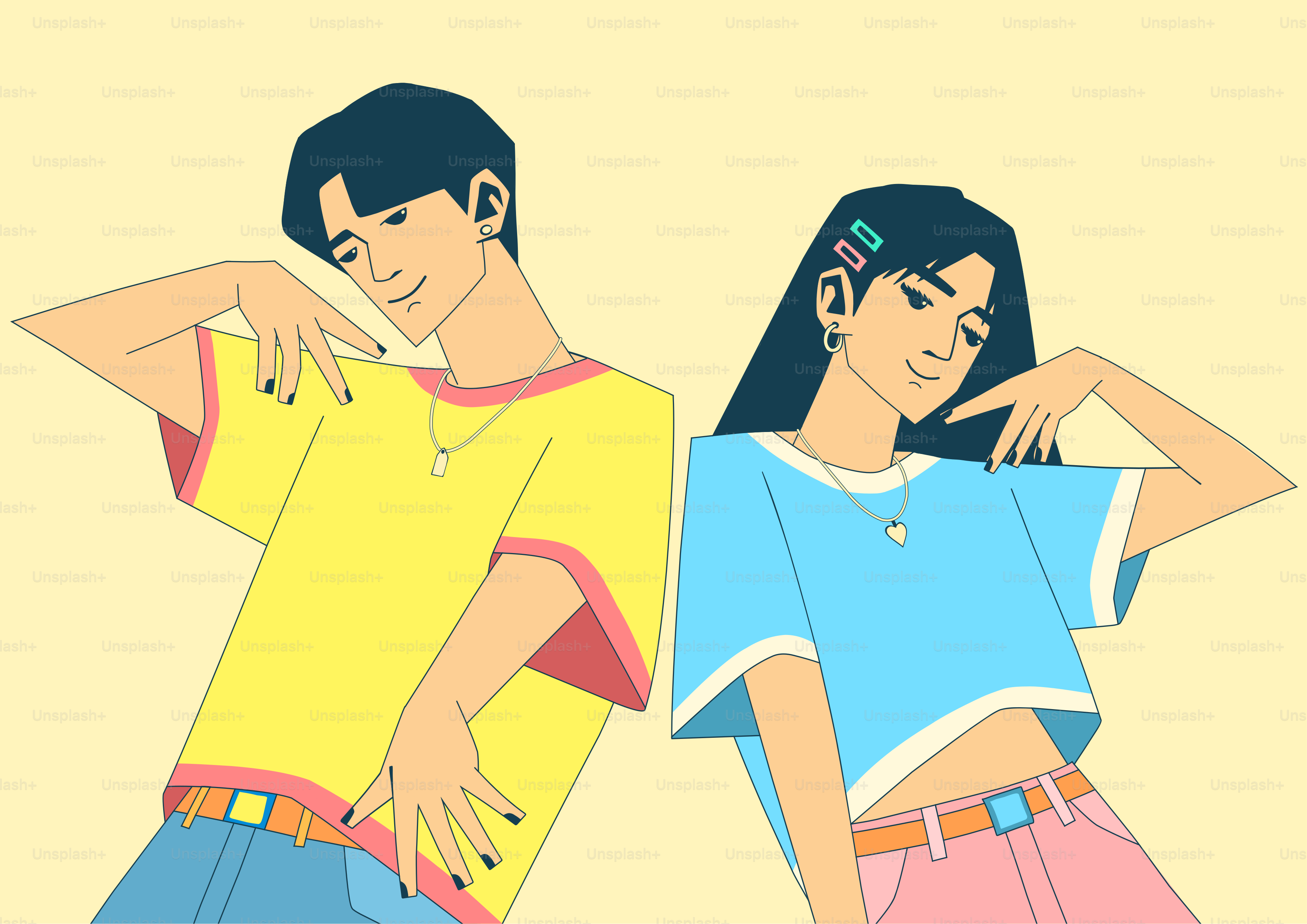 カラフルなカジュアルな服装でポーズをとる二人の若者。