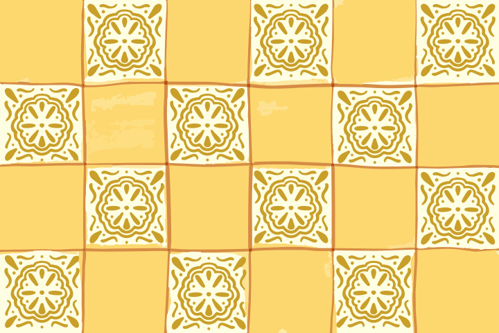 Decorative yellow and cream checkerboard tiles with floral patterns.