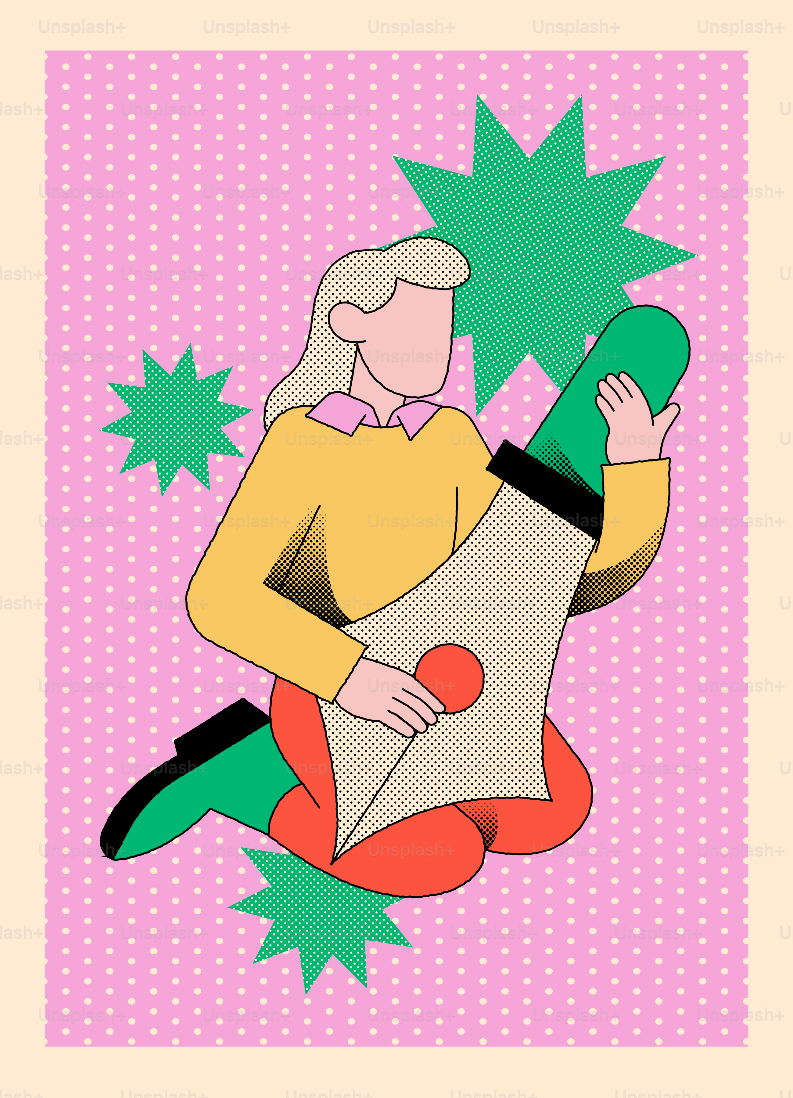 大きなペンでスタイライズされた人物の絵。