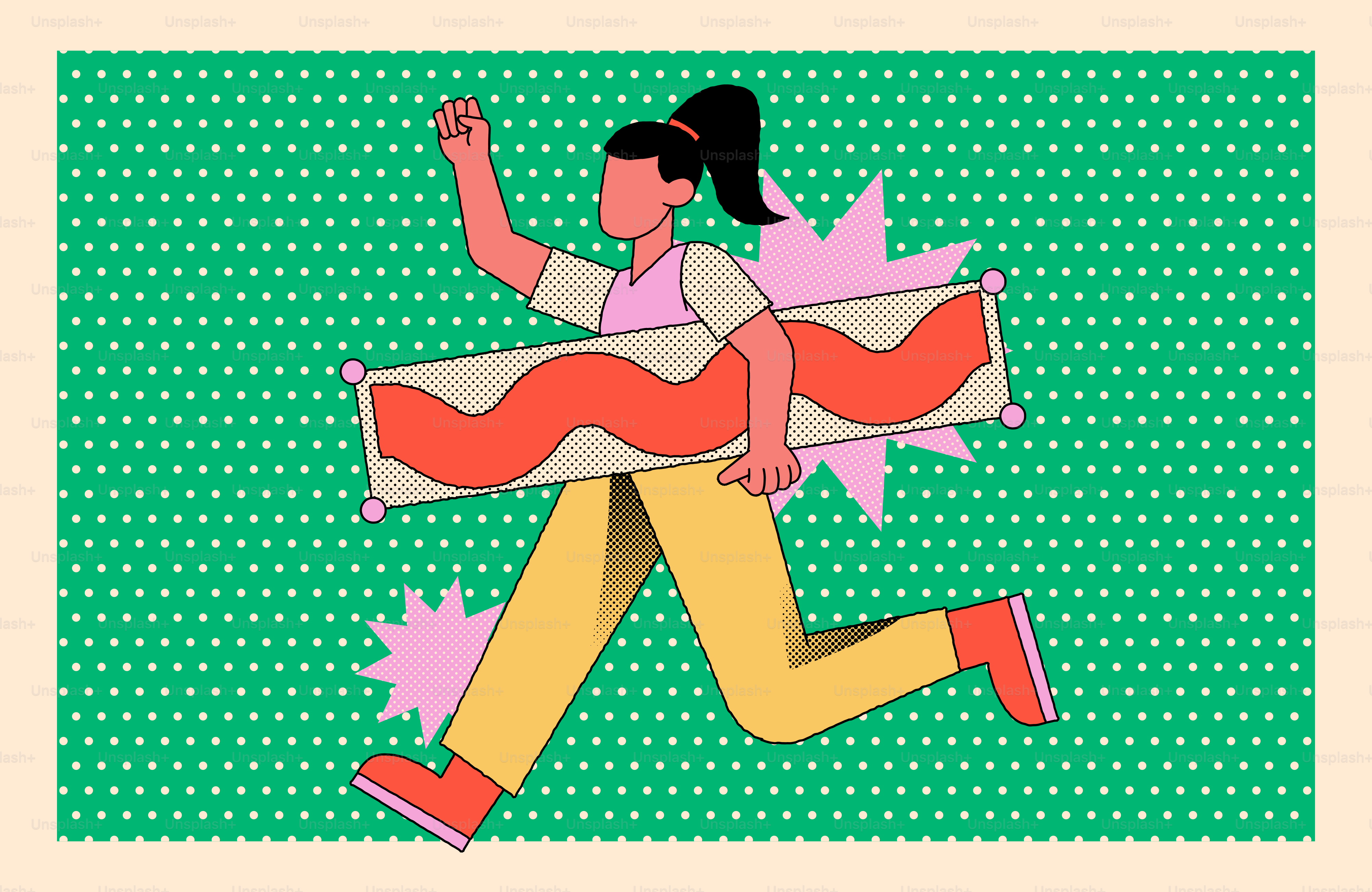 女性が走りながら波状のバナーを掲げている。