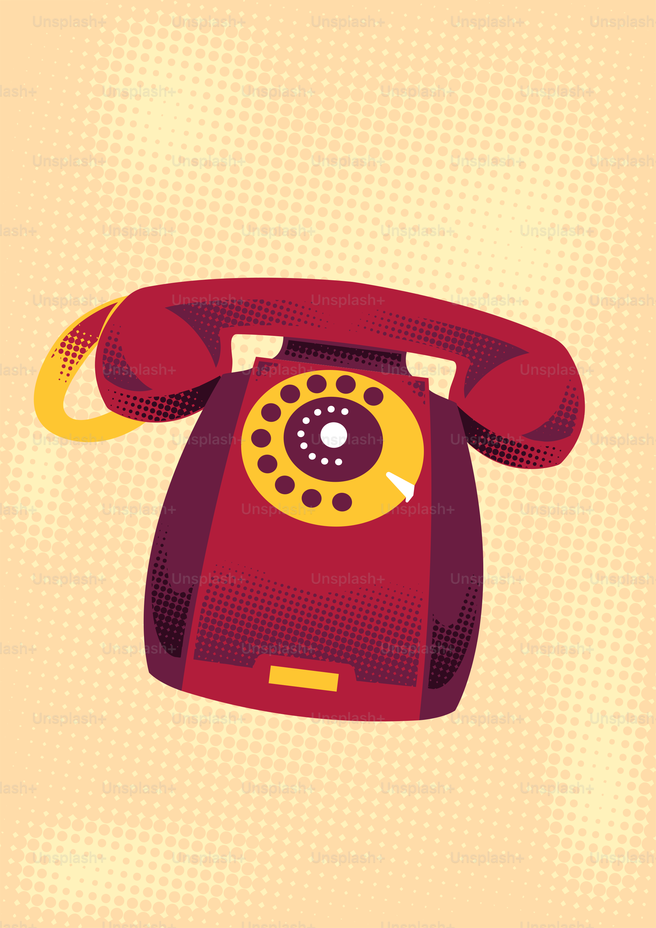 Un telefono a rotazione vintage rosso con una manopola gialla.