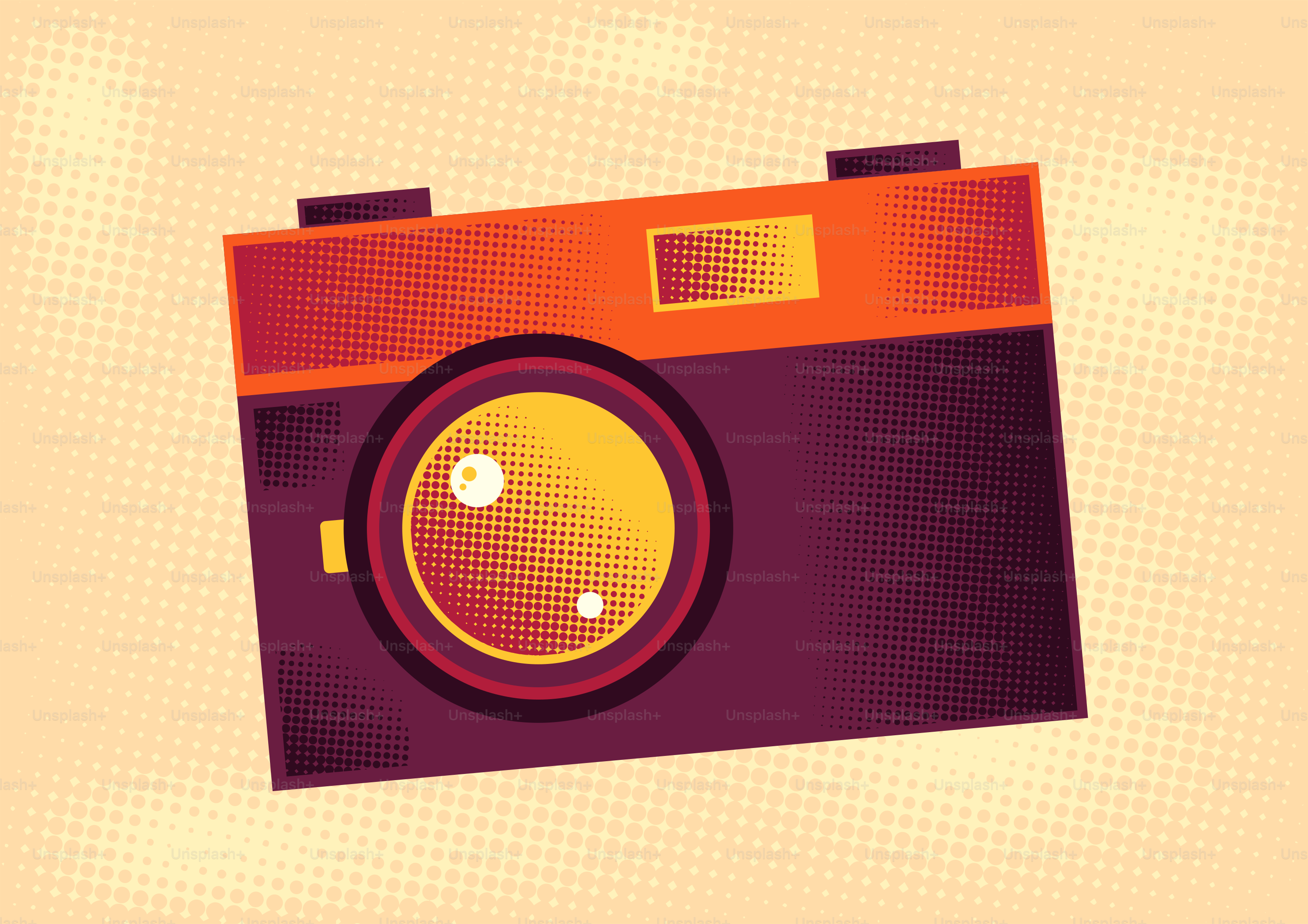 Una fotocamera vintage colorata e stilizzata con un obiettivo ben visto.