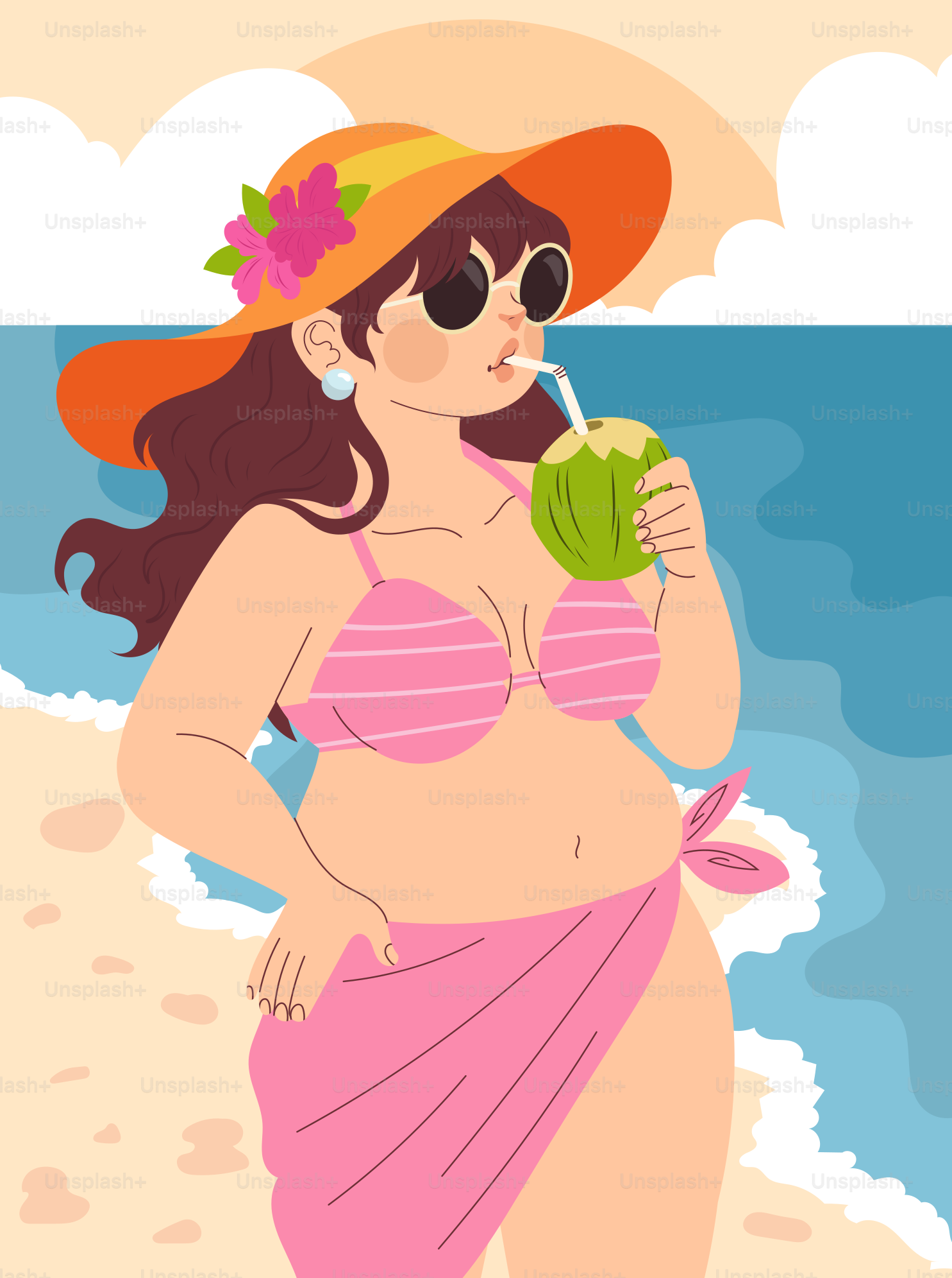 Wanita dengan bikini merah muda minum kelapa di pantai yang cerah.