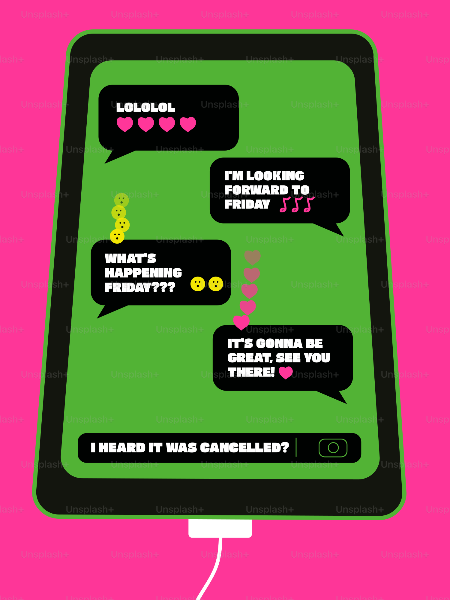緑色のスマートフォンで絵文字付きのテキストメッセージの会話が表示されています。
