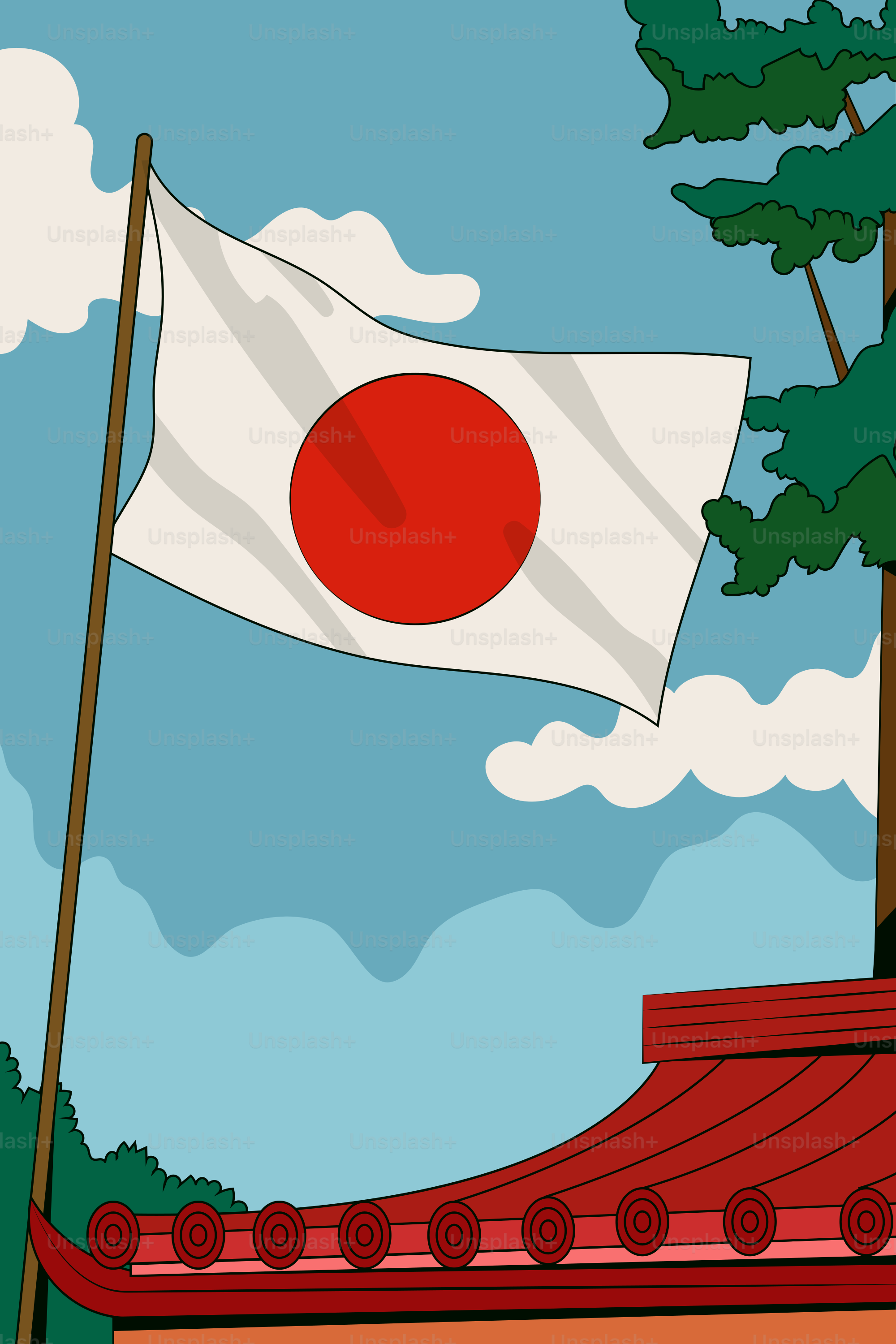 Japanische Flagge weht über einem traditionellen Dach und einem Baum.