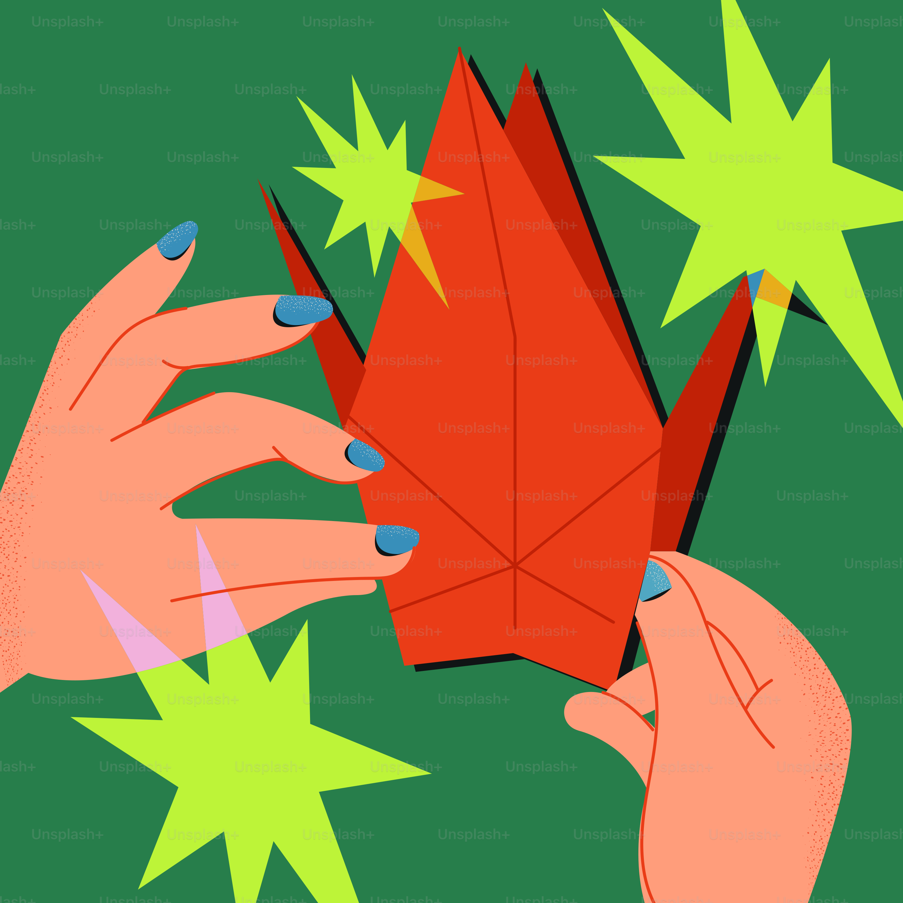 Zwei Hände, die einen roten Origami-Kranich mit Sternenexplosionen halten.