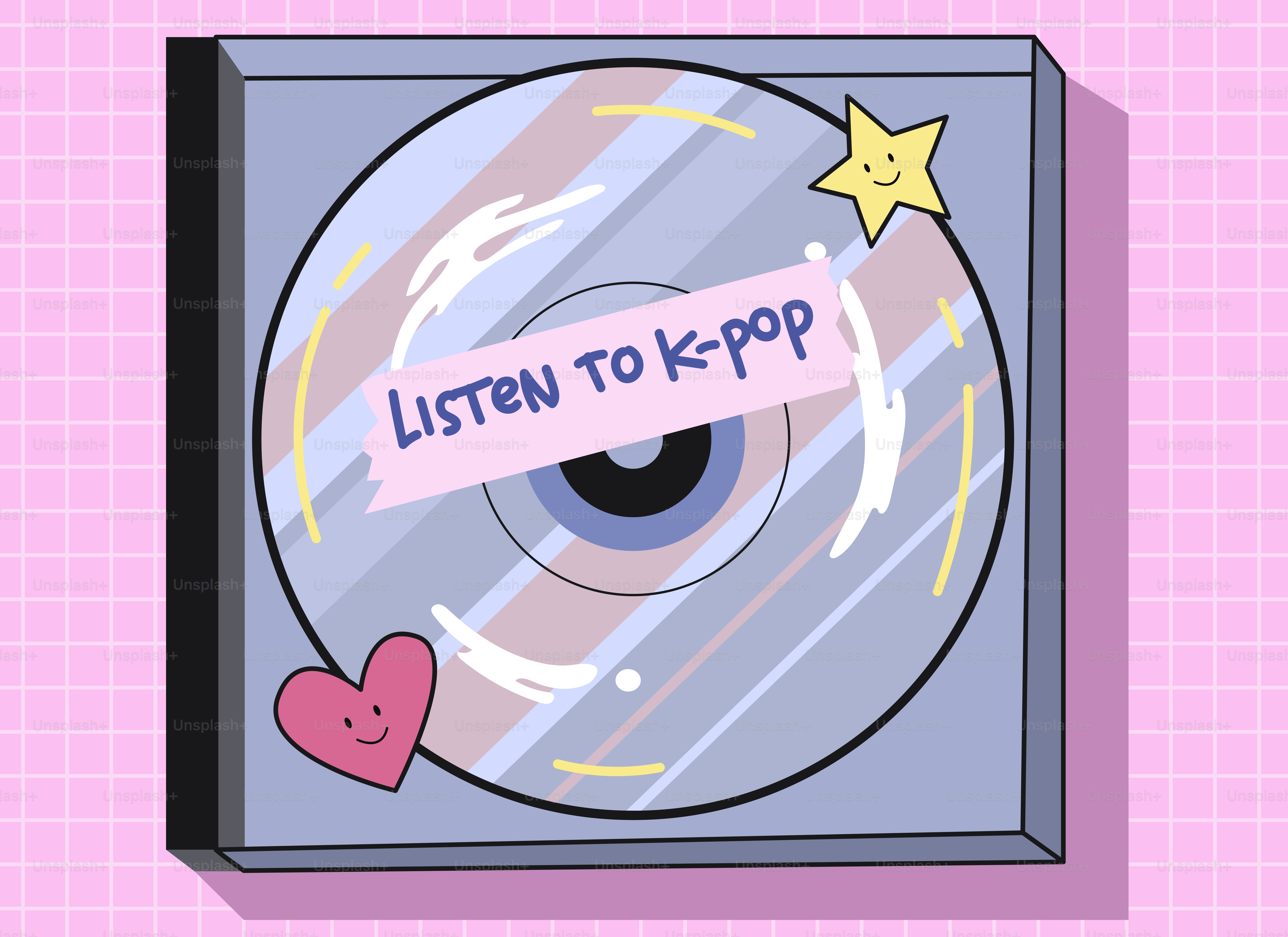 CD-Hülle mit "Listen to k-pop"-Etikett und Aufklebern.