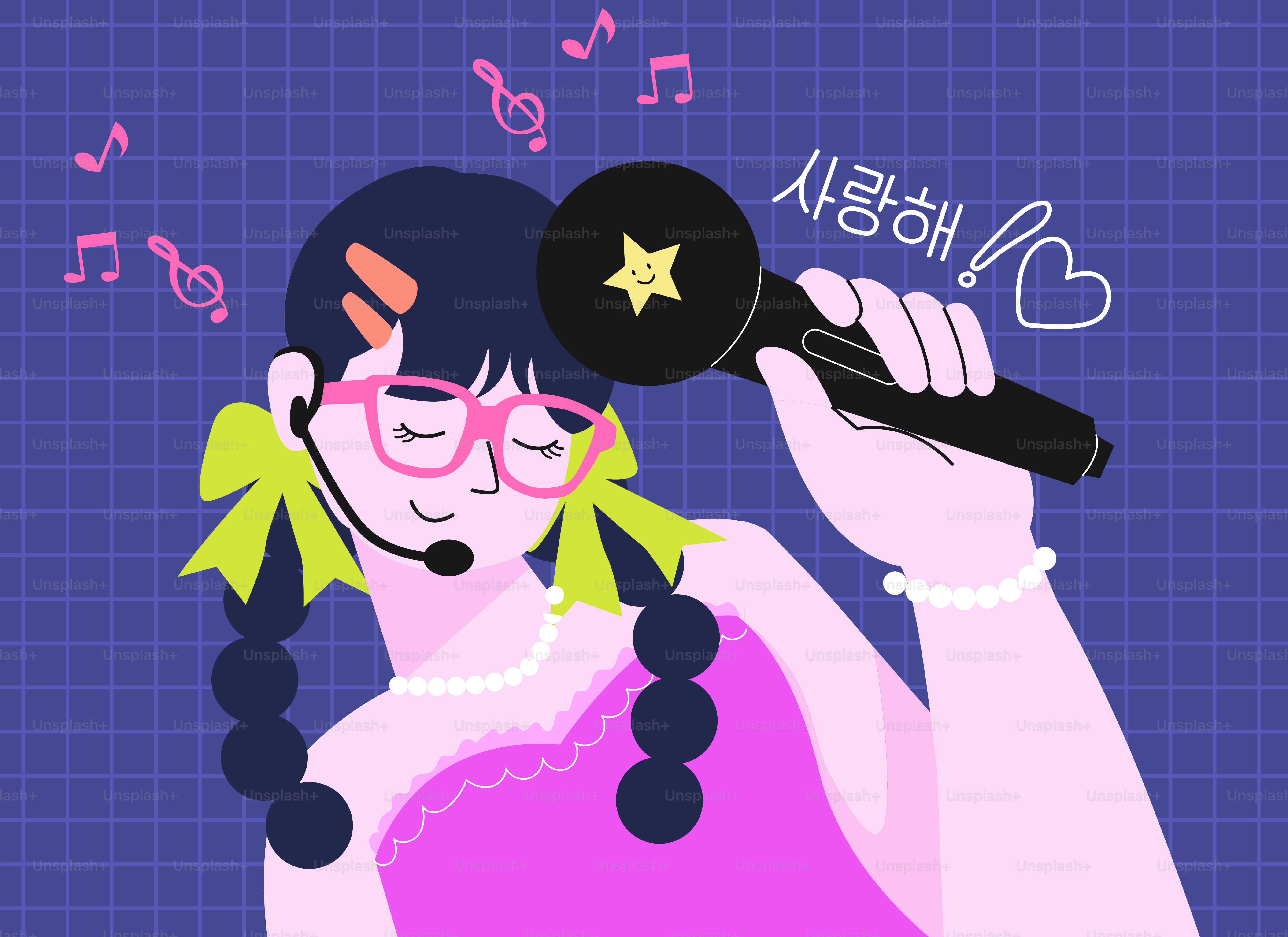 Cartoon-Mädchen, das mit Mikrofon und Musiknoten singt.
