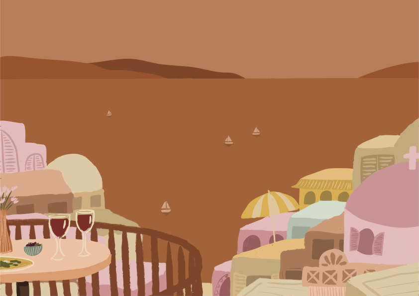 Balcony view of a mediterranean town with wine and sailboats