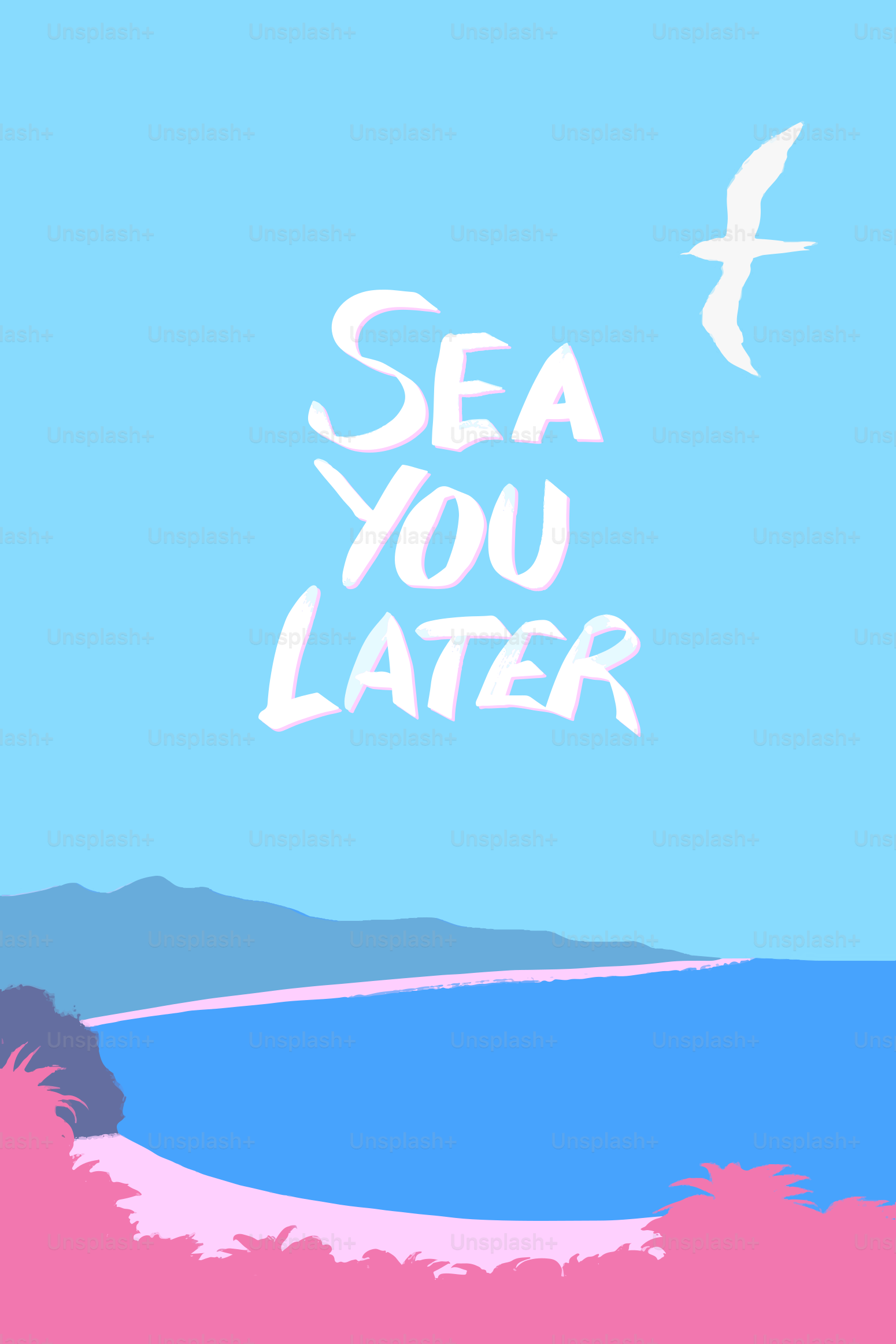 ミニマリストな海の風景に「sea you later」という文字と鳥が描かれています。