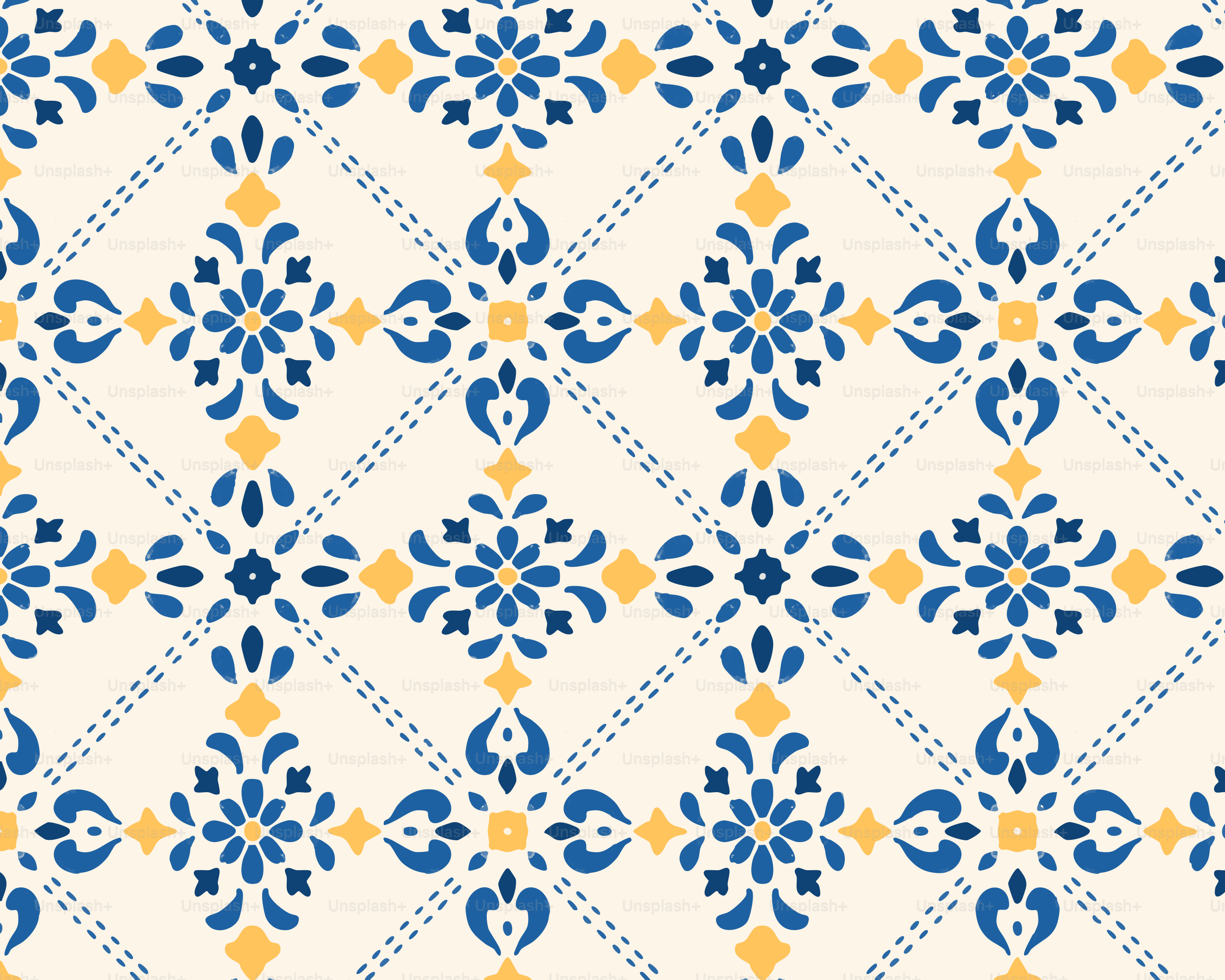 Seamless pattern with blue floral motifs and yellow diamonds.