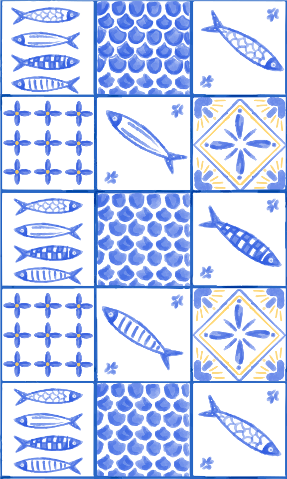 Traditional blue and white tiles featuring fish and ornate patterns.