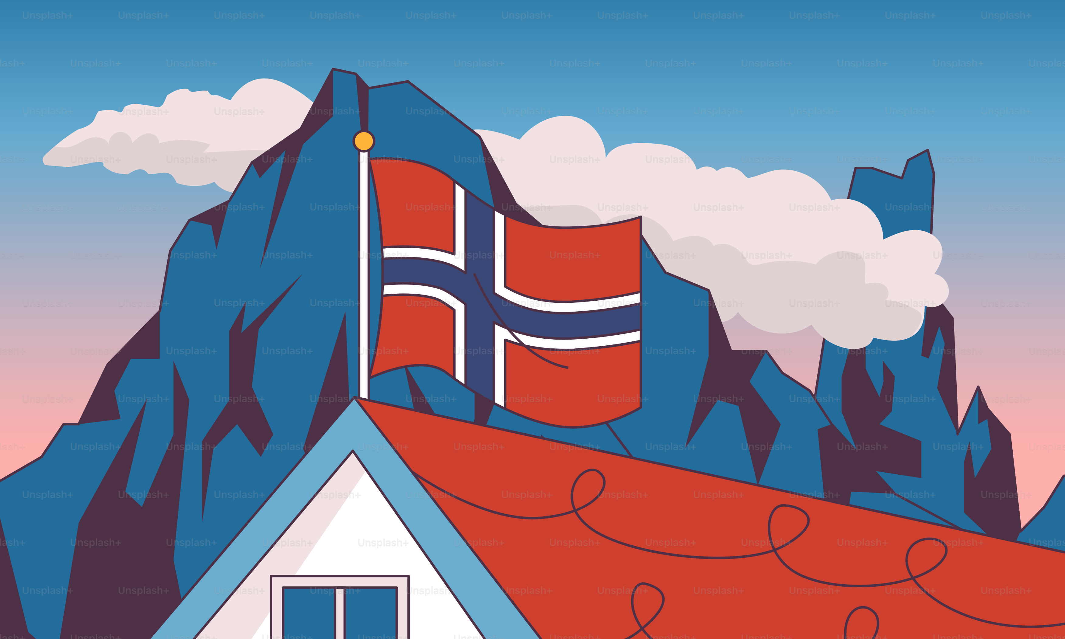 Norwegische Flagge weht über einem Haus mit Bergen im Hintergrund