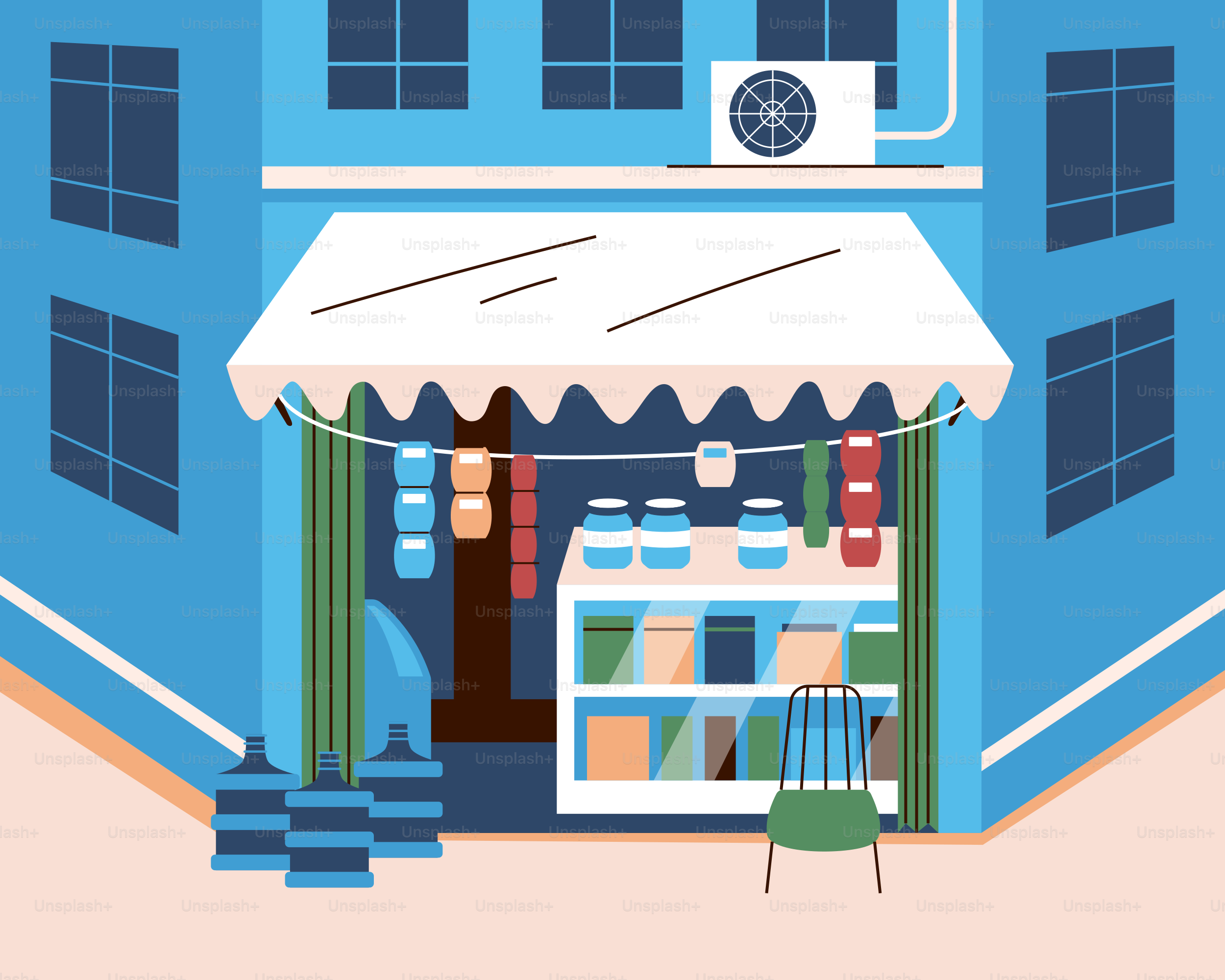 A blue storefront with an awning and products on display.