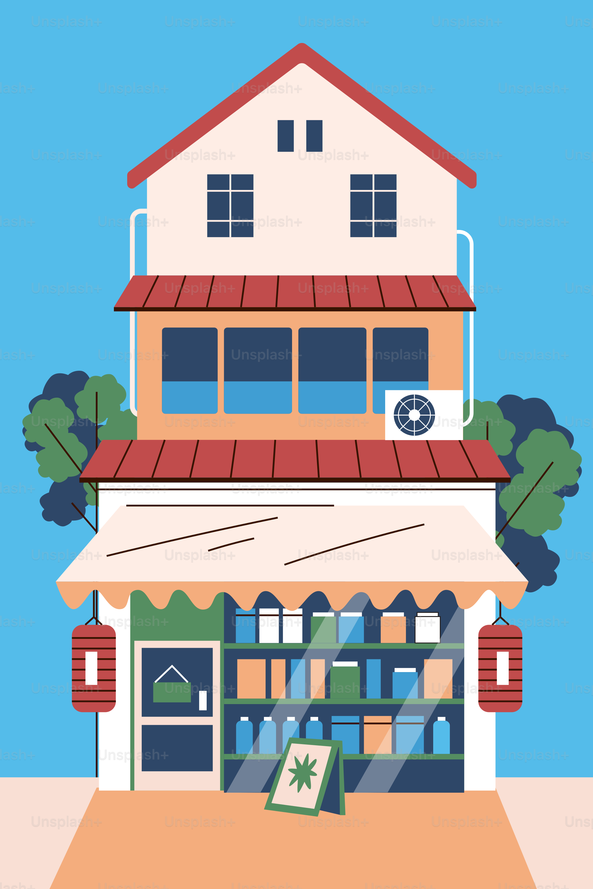 Colorful multi-story building with a shop, residential floors, and trees.