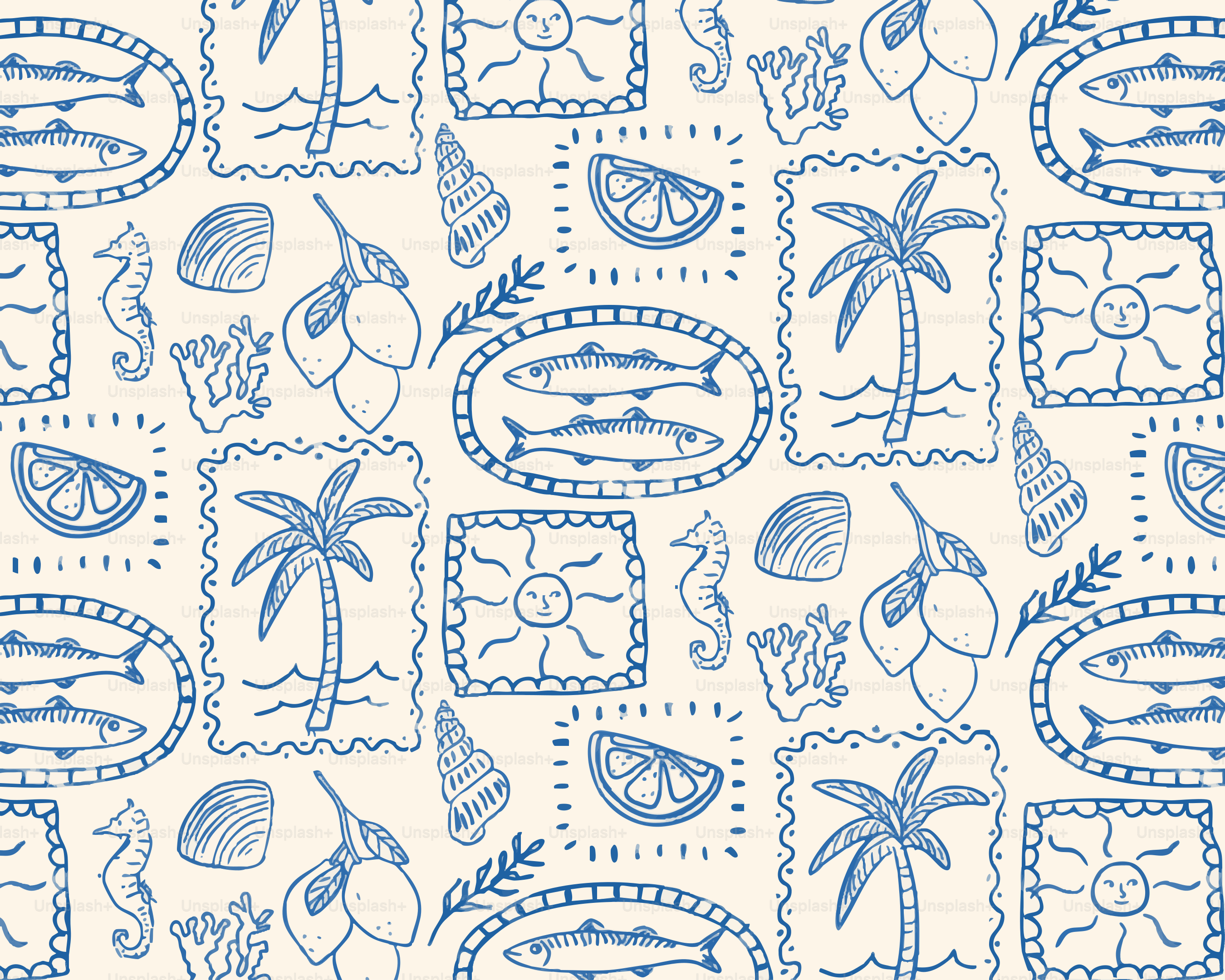 Motif marin et tropical bleu dessiné à la main sur fond clair.