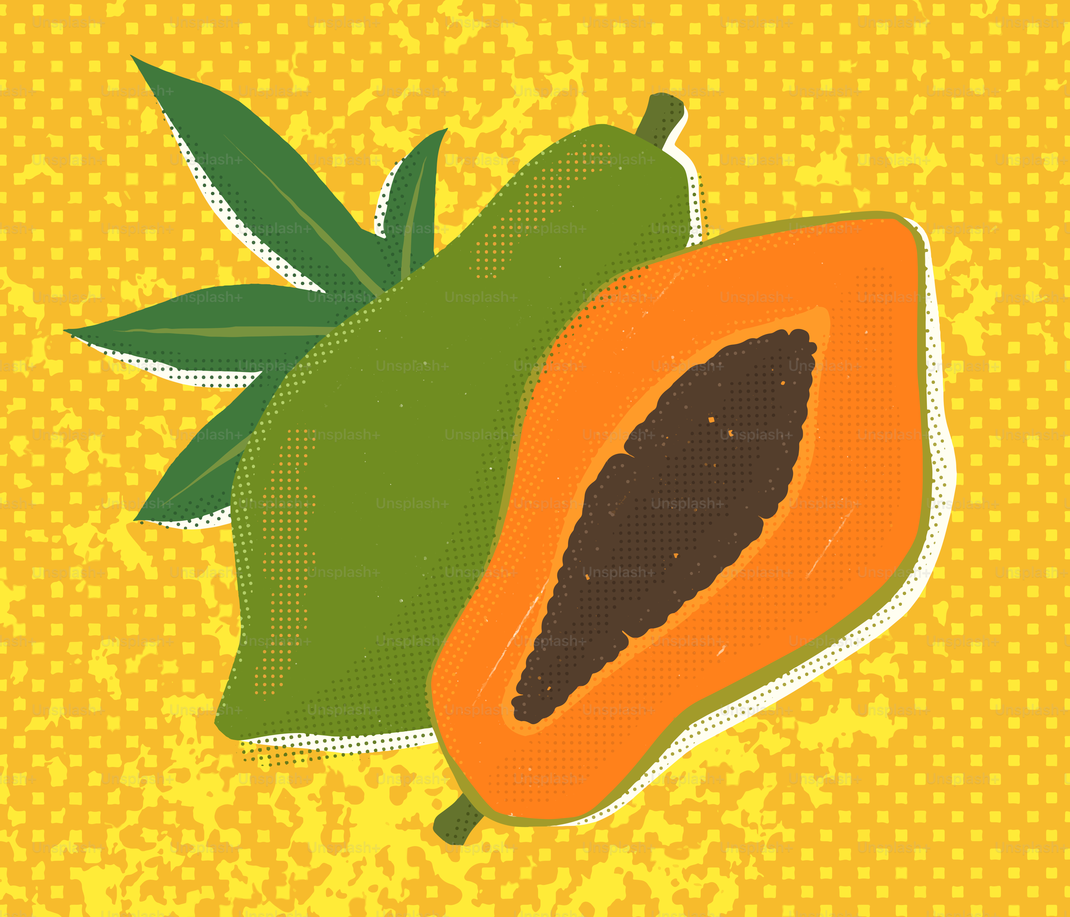 Papaya verde intera e tagliata a metà con semi.