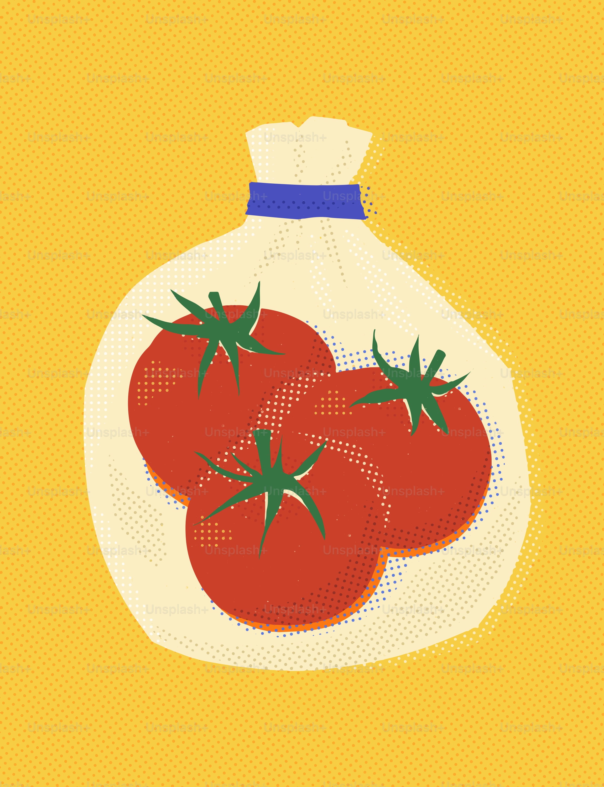 Tre pomodori rossi in un sacchetto su sfondo giallo.