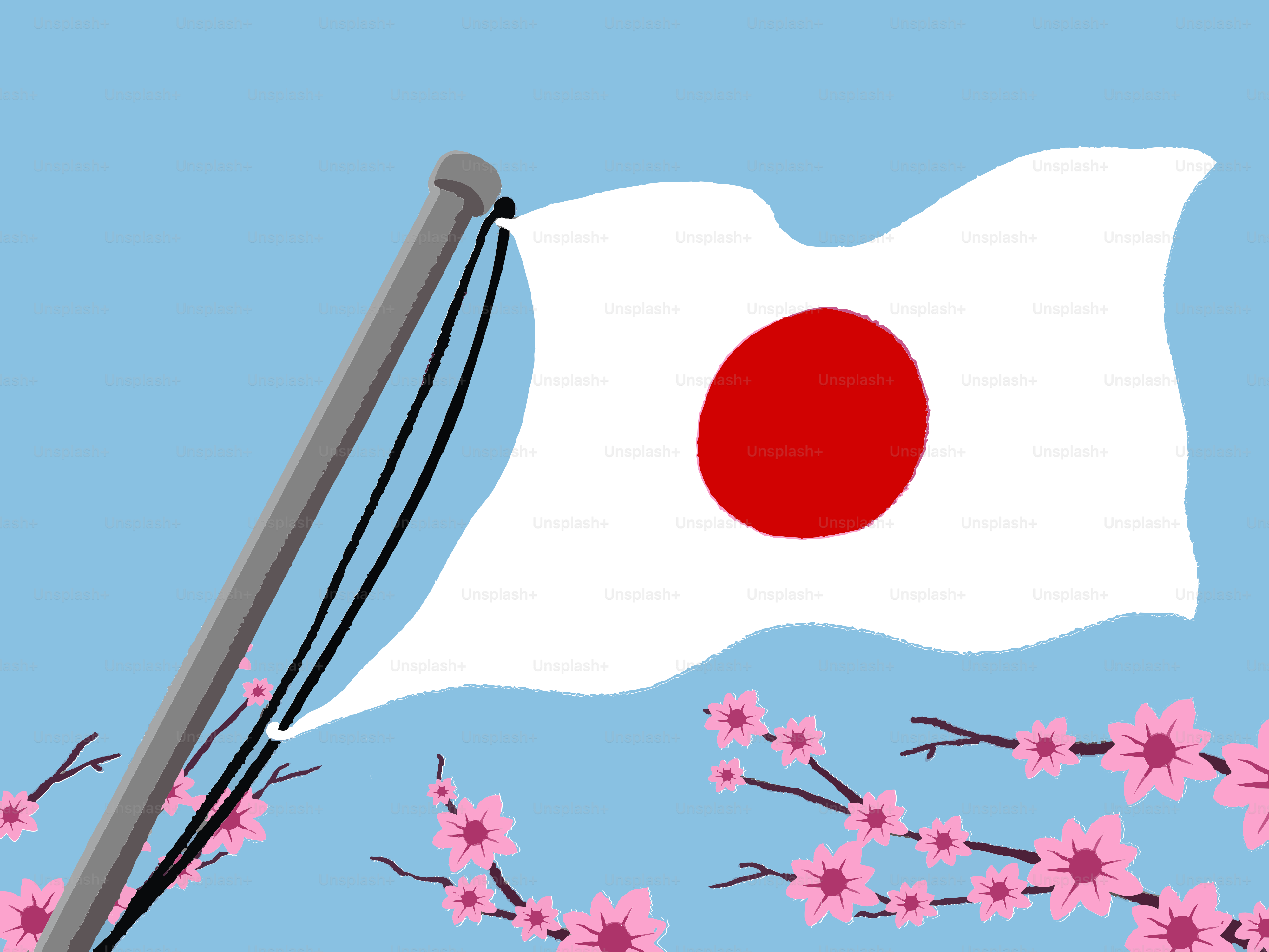 Japanische Flagge weht mit Kirschblüten vor einem blauen Himmel