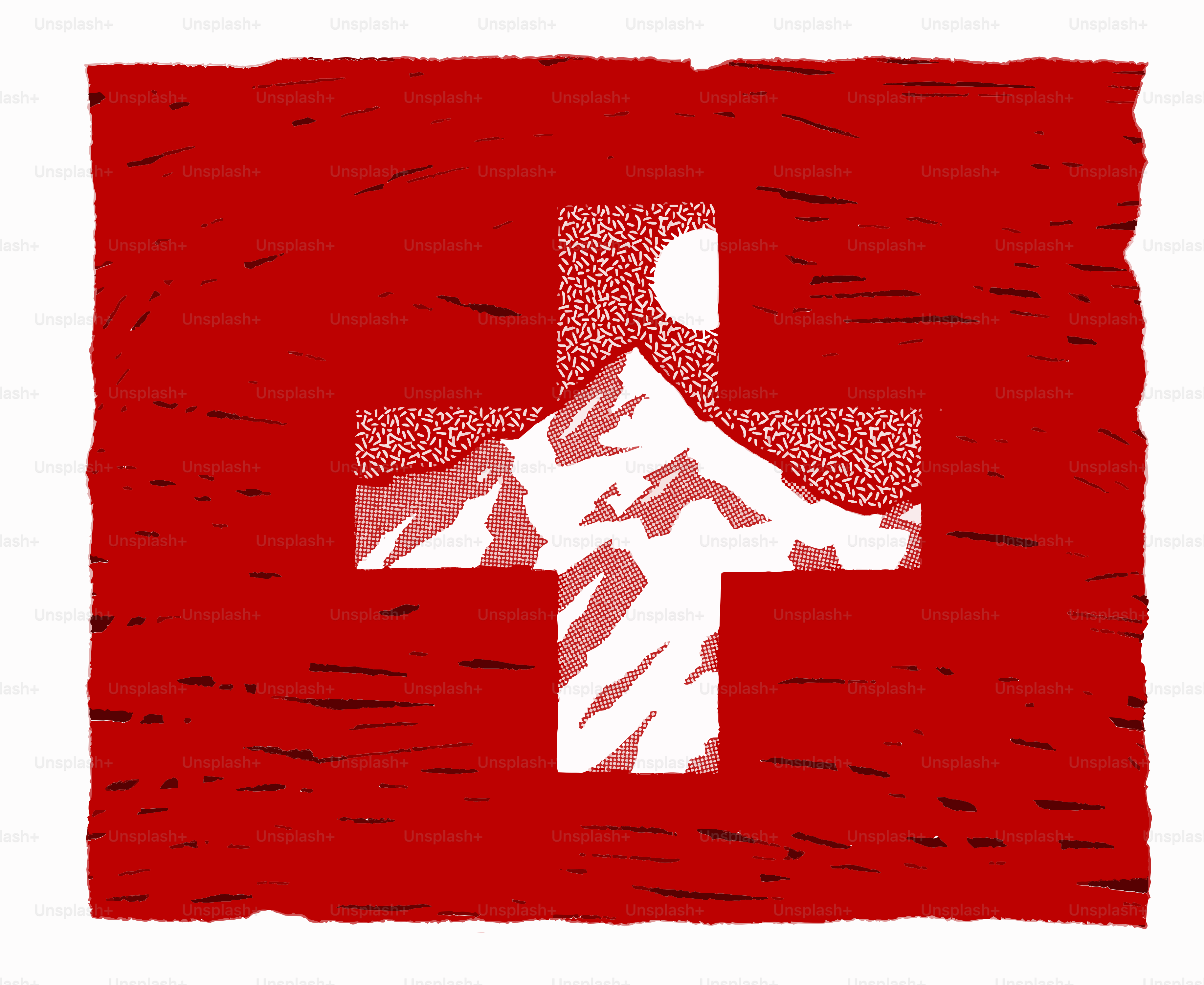 Künstlerische Schweizer Flagge mit Bergen und Mond im Kreuz