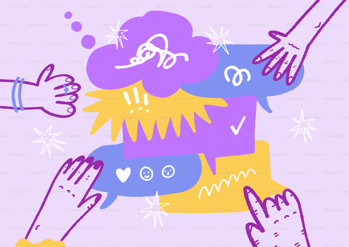 Multiple hands interacting with colorful speech bubbles