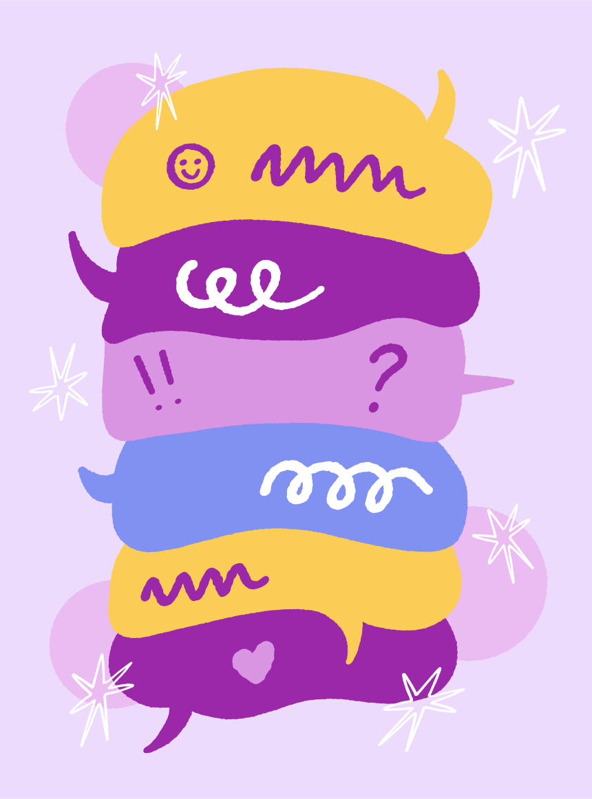 Colorful speech bubbles stacked vertically with symbols and doodles
