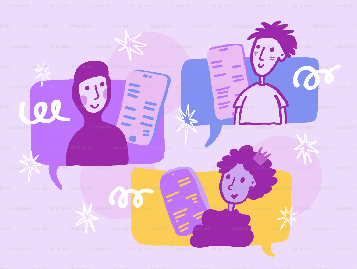 Three people texting on phones with speech bubbles