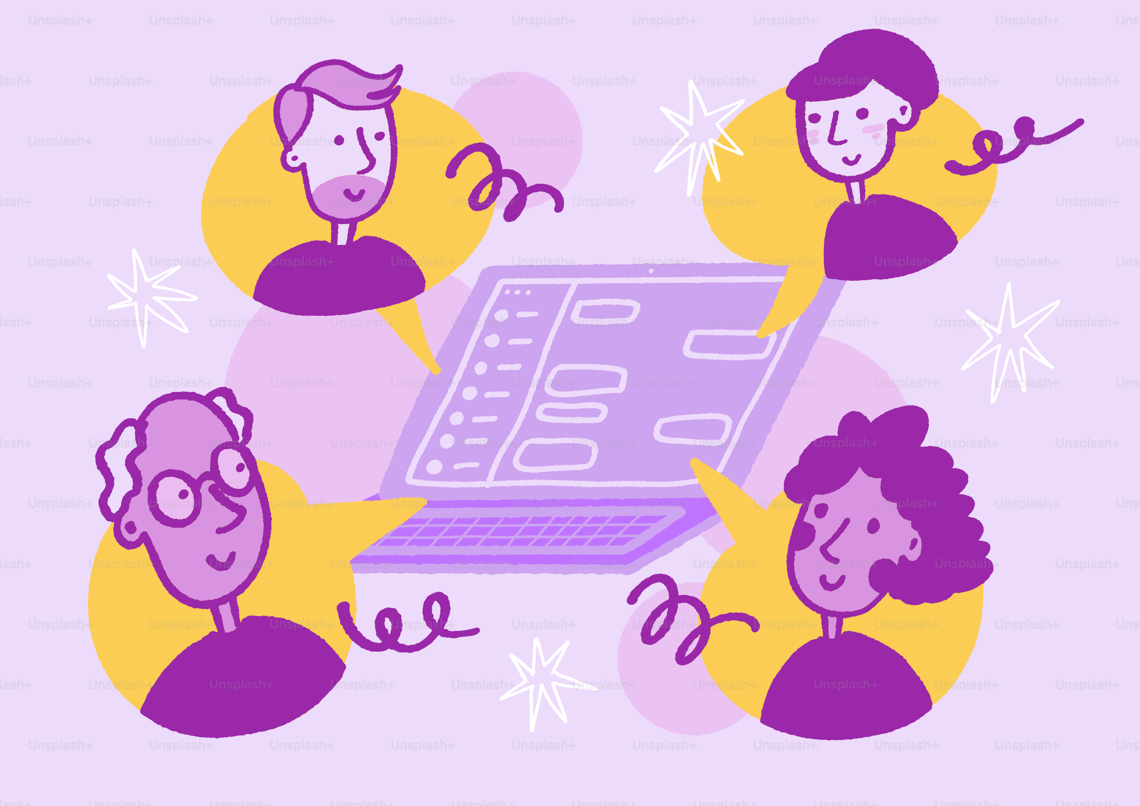 Four diverse people communicating online via laptop chat