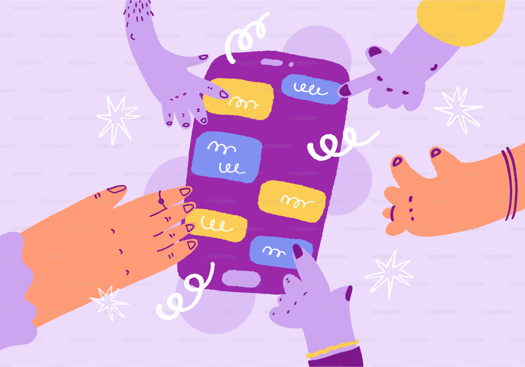 Multiple cartoon hands touching a smartphone screen