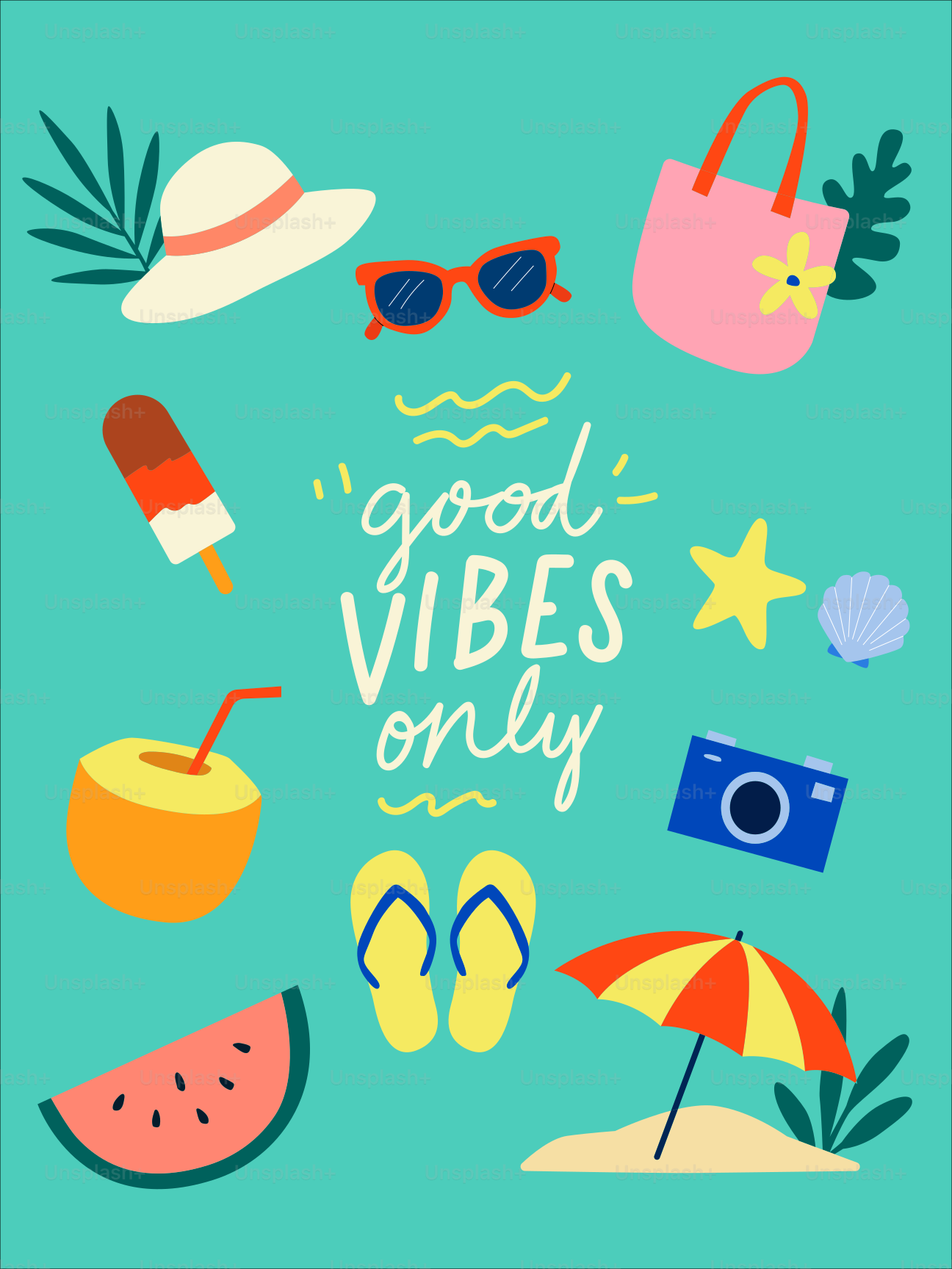 Esenciales de playa vibrantes para el verano y "solo buenas vibraciones" en color verde azulado.