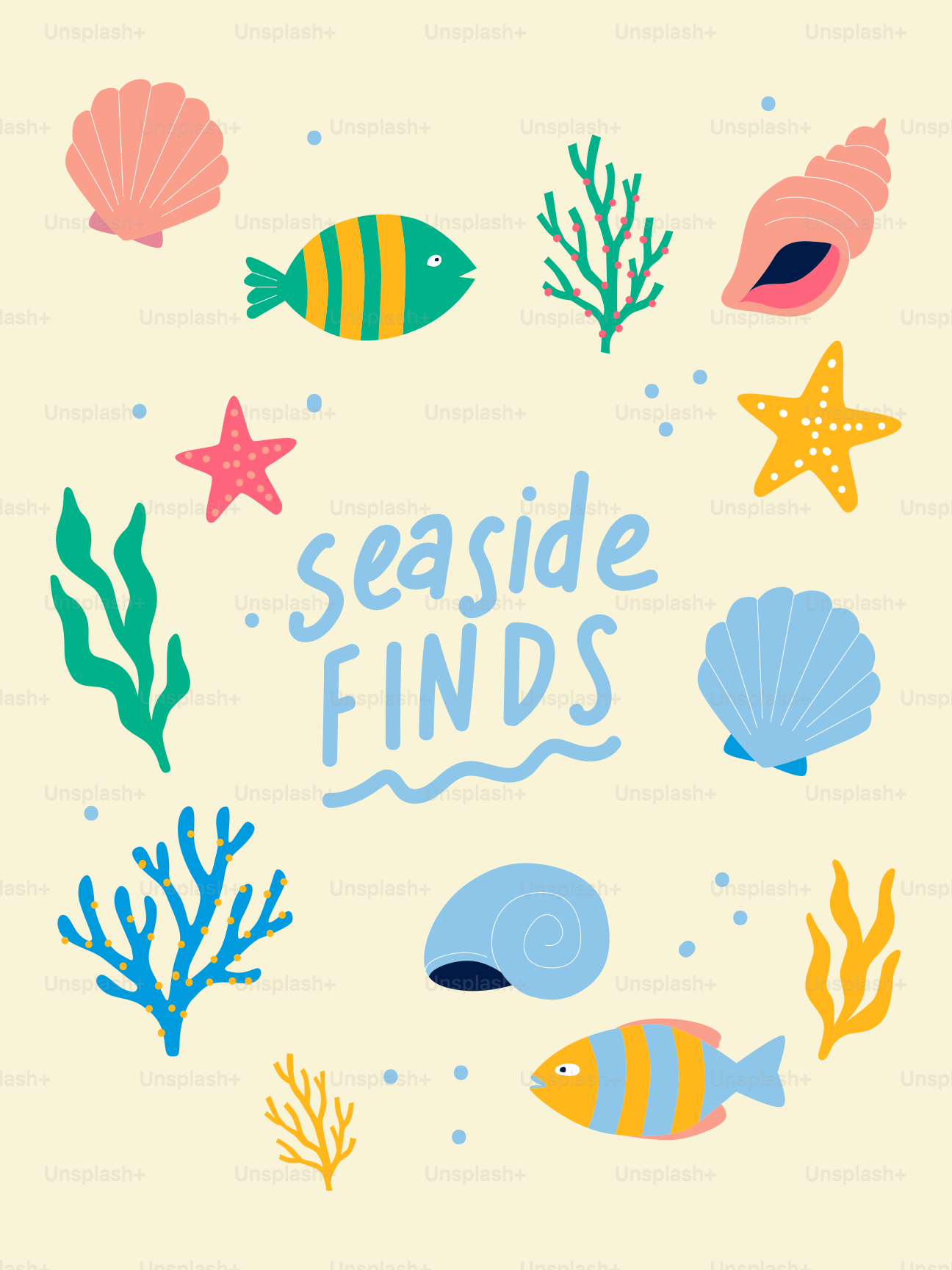 Vibrant cartoon marine life surrounding "seaside finds" text.