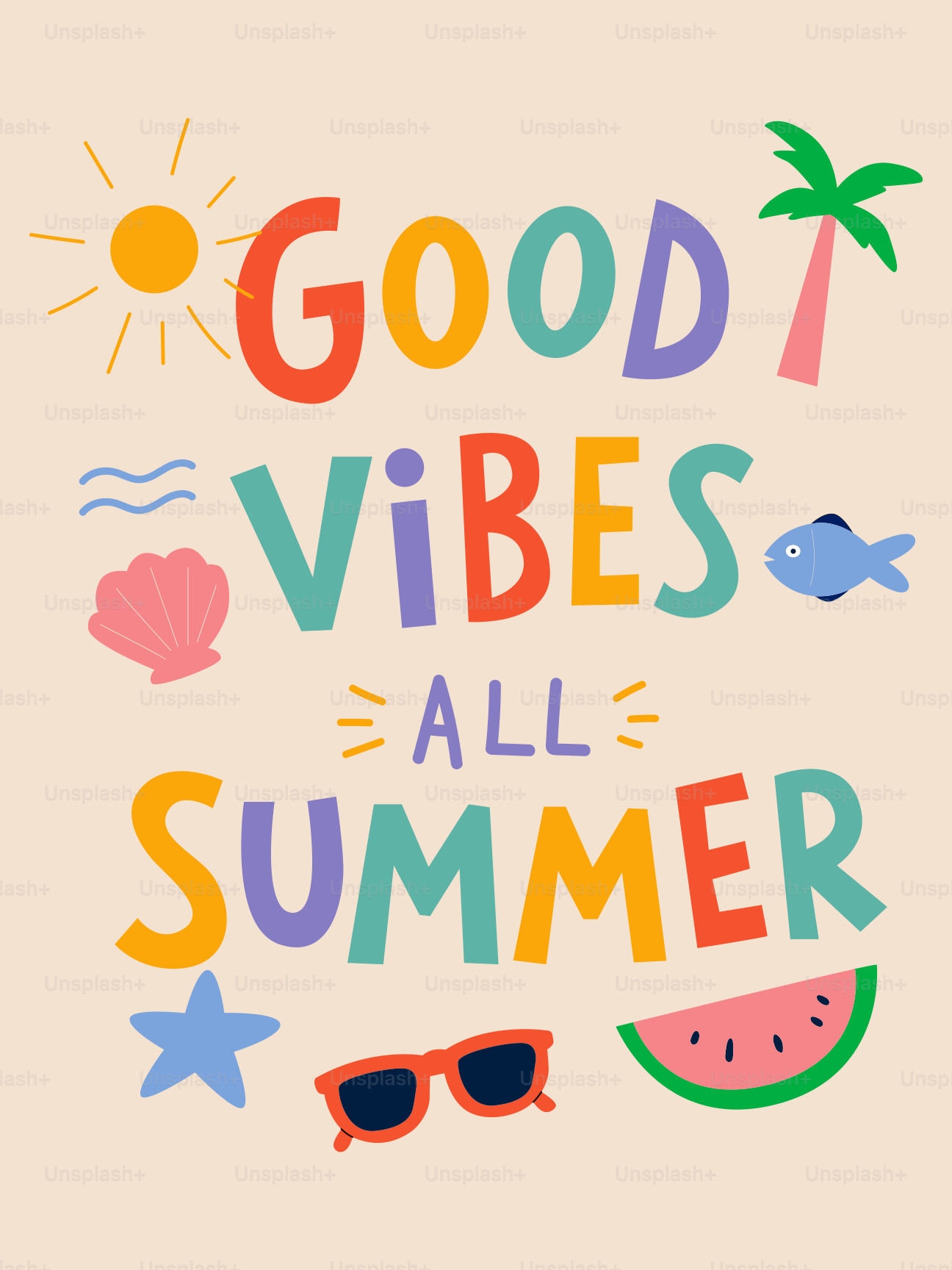 Colorful 'good vibes all summer' text with summer illustrations.