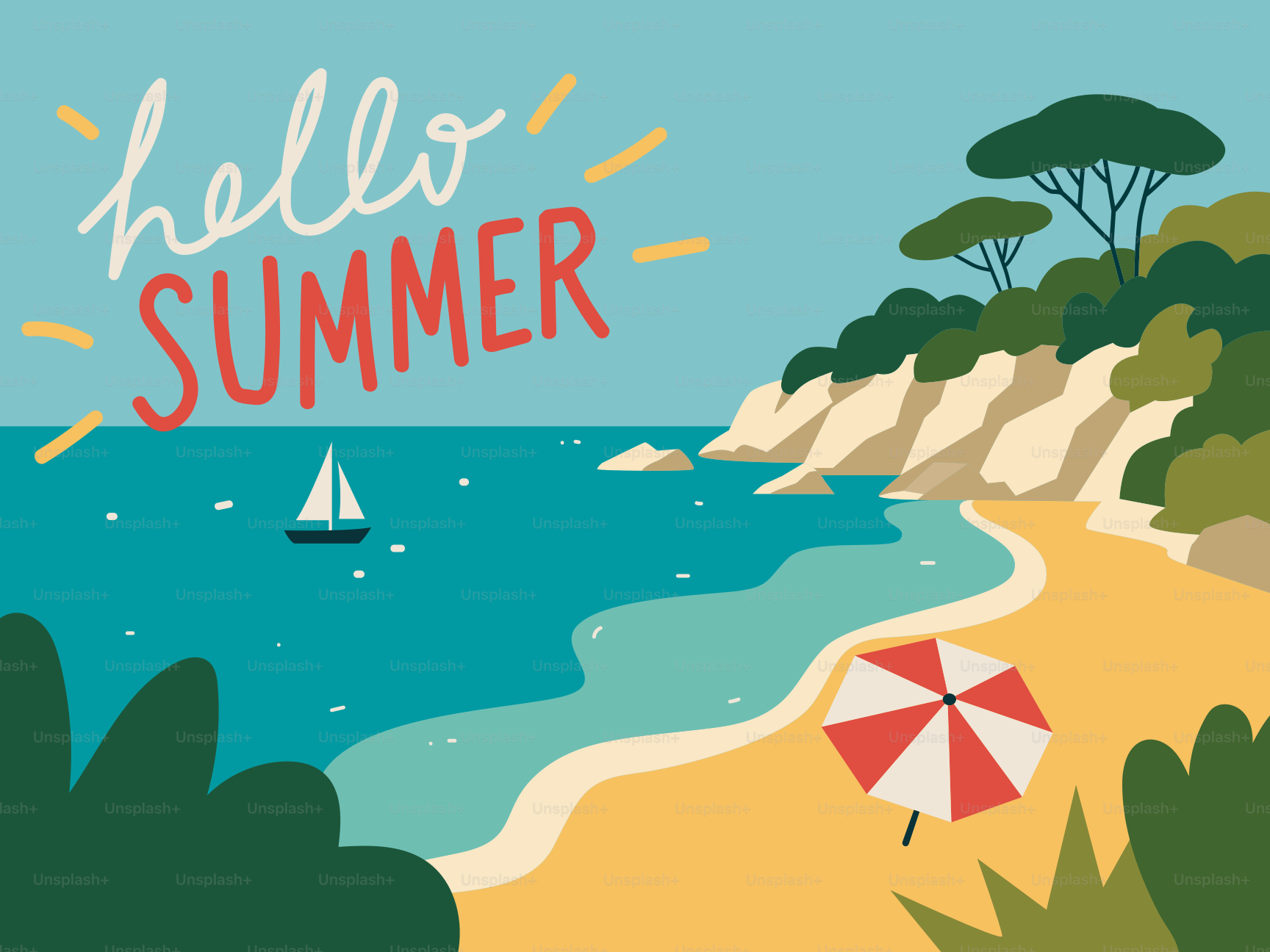 Hello summer text above a beach with umbrella and sailboat.