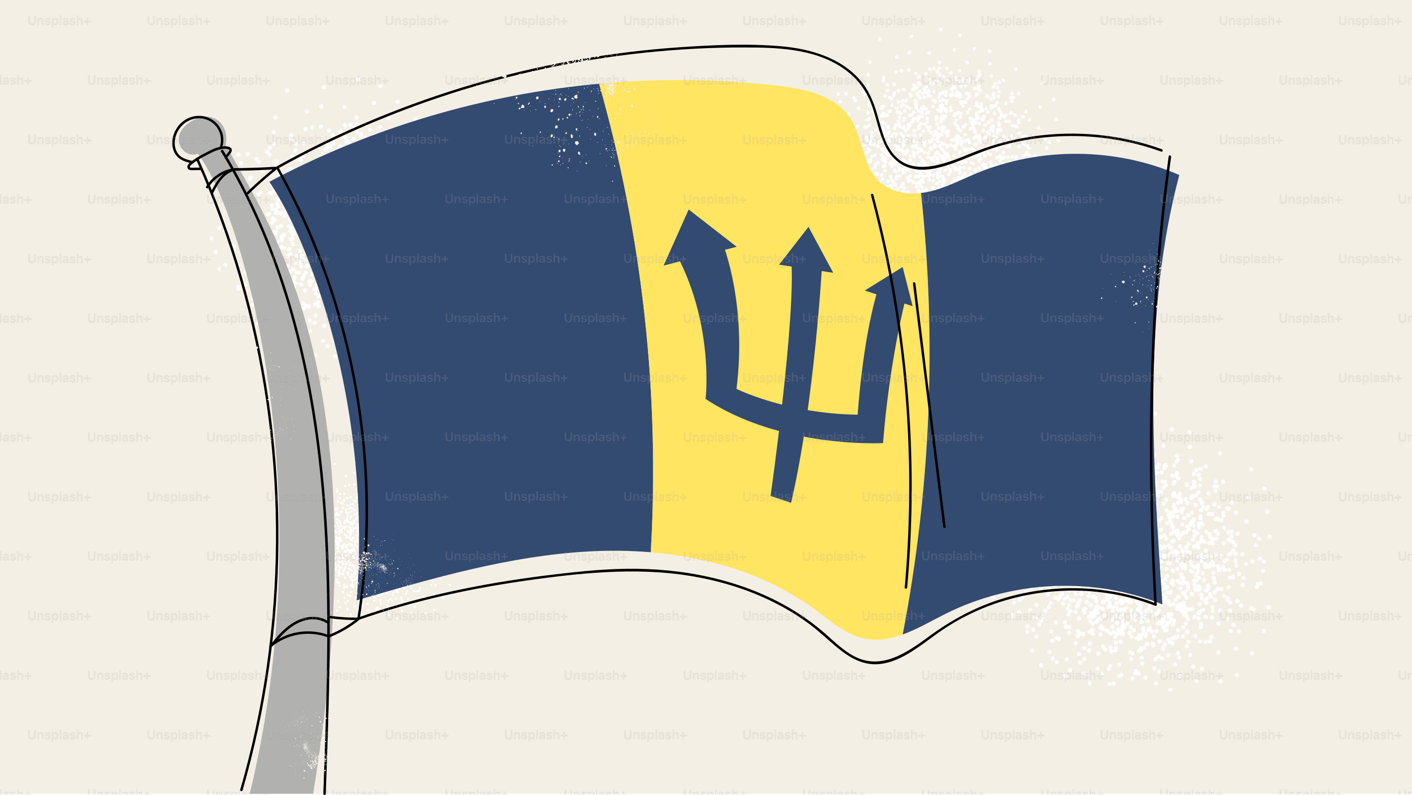 Bandeira de Barbados acenando com um símbolo de tridente.