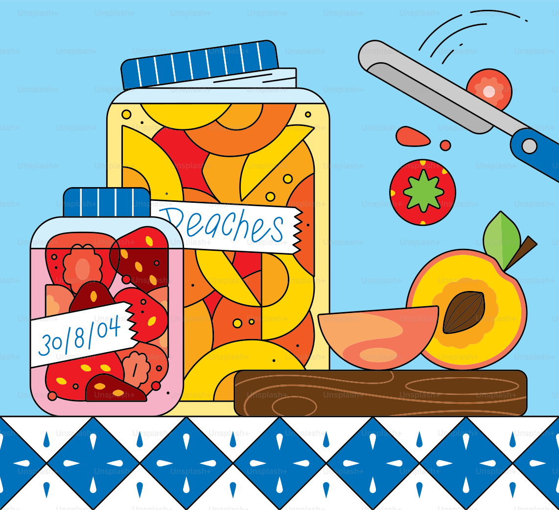 Pêssegos e morangos preservados em potes com frutas frescas por perto.