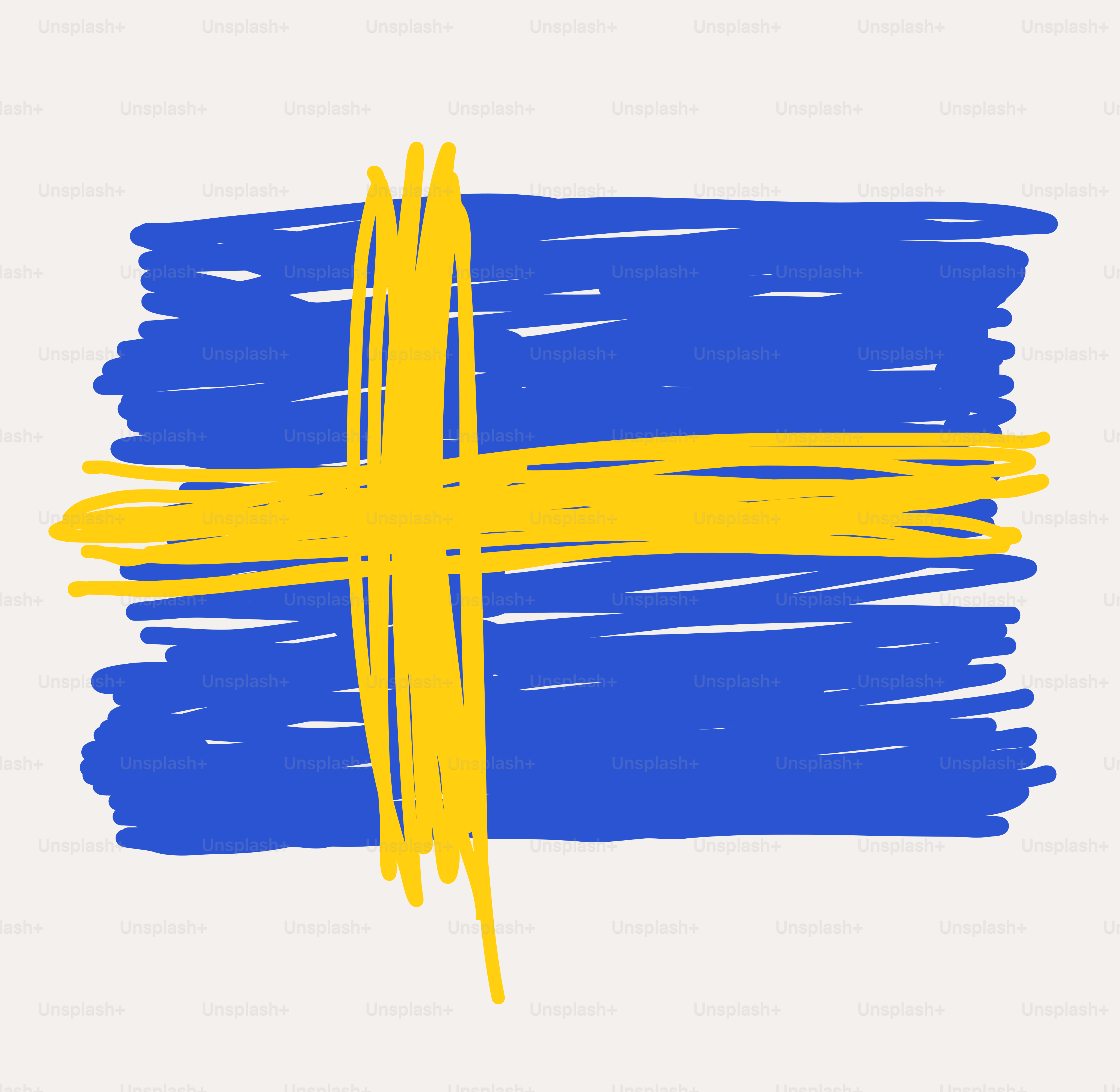 Un drapeau suédois dessiné à la main et griffonné avec une croix jaune.