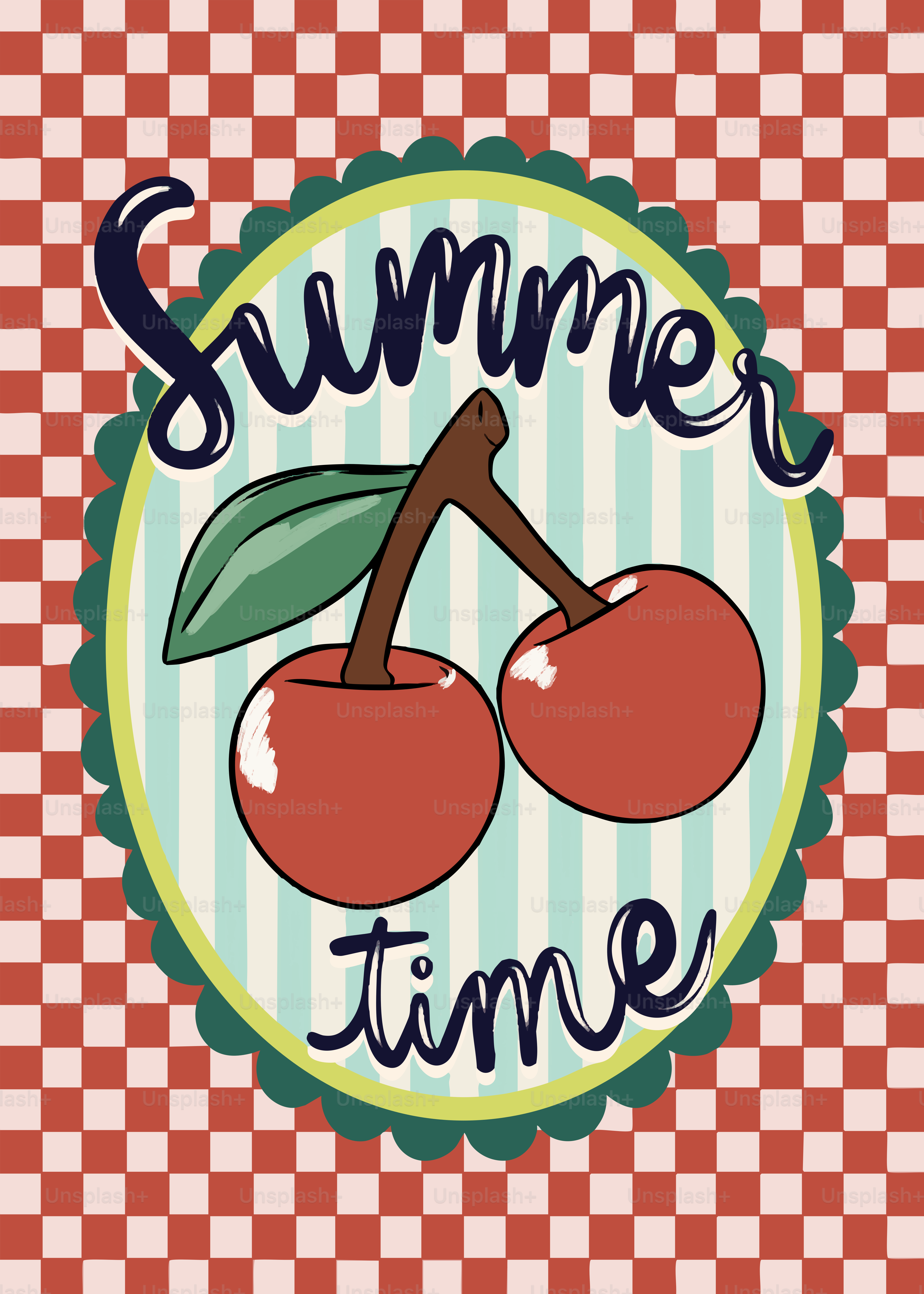 Deux cerises avec un texte « summer time » sur fond à damier