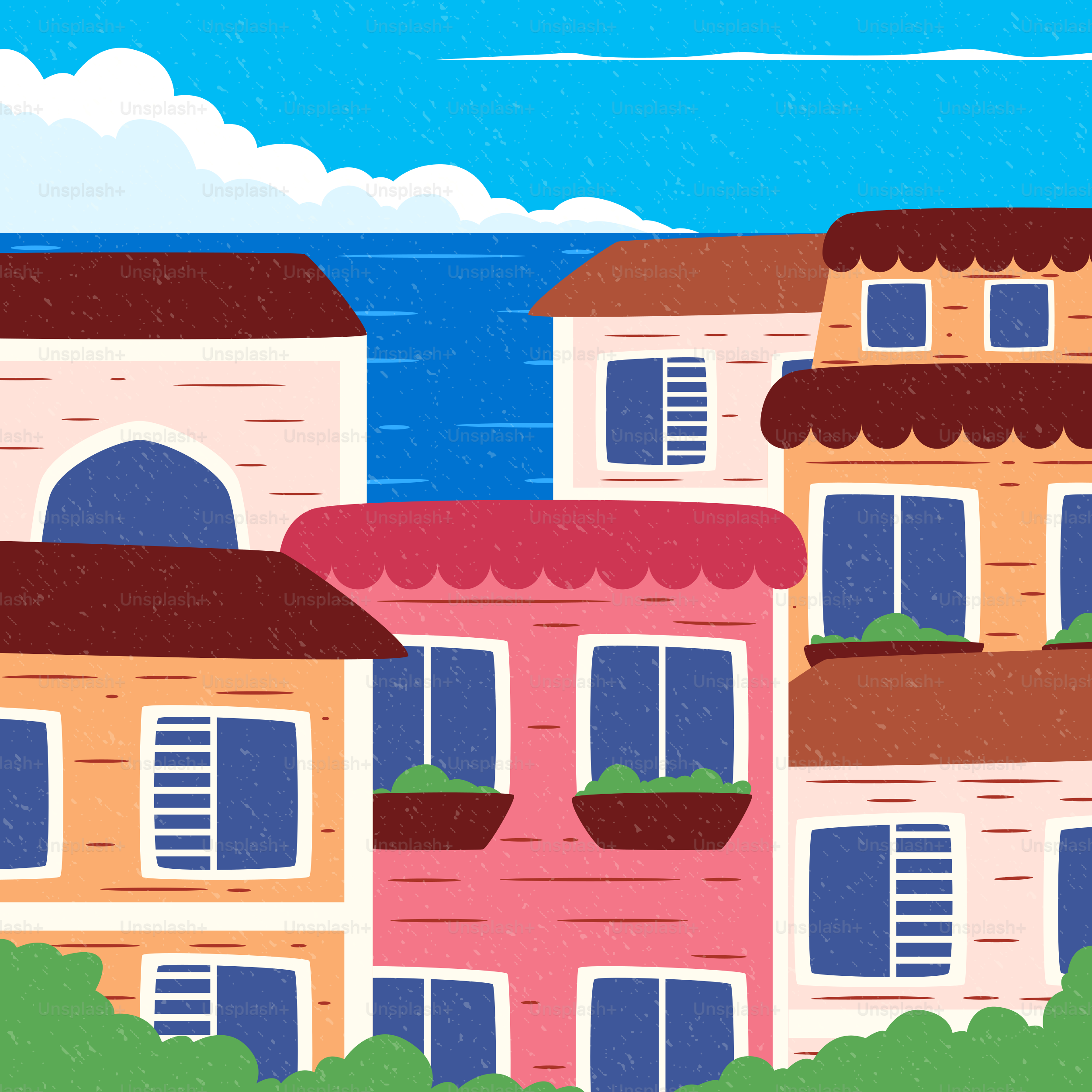 Des bâtiments colorés surplombant un océan bleu sous un ciel nuageux.