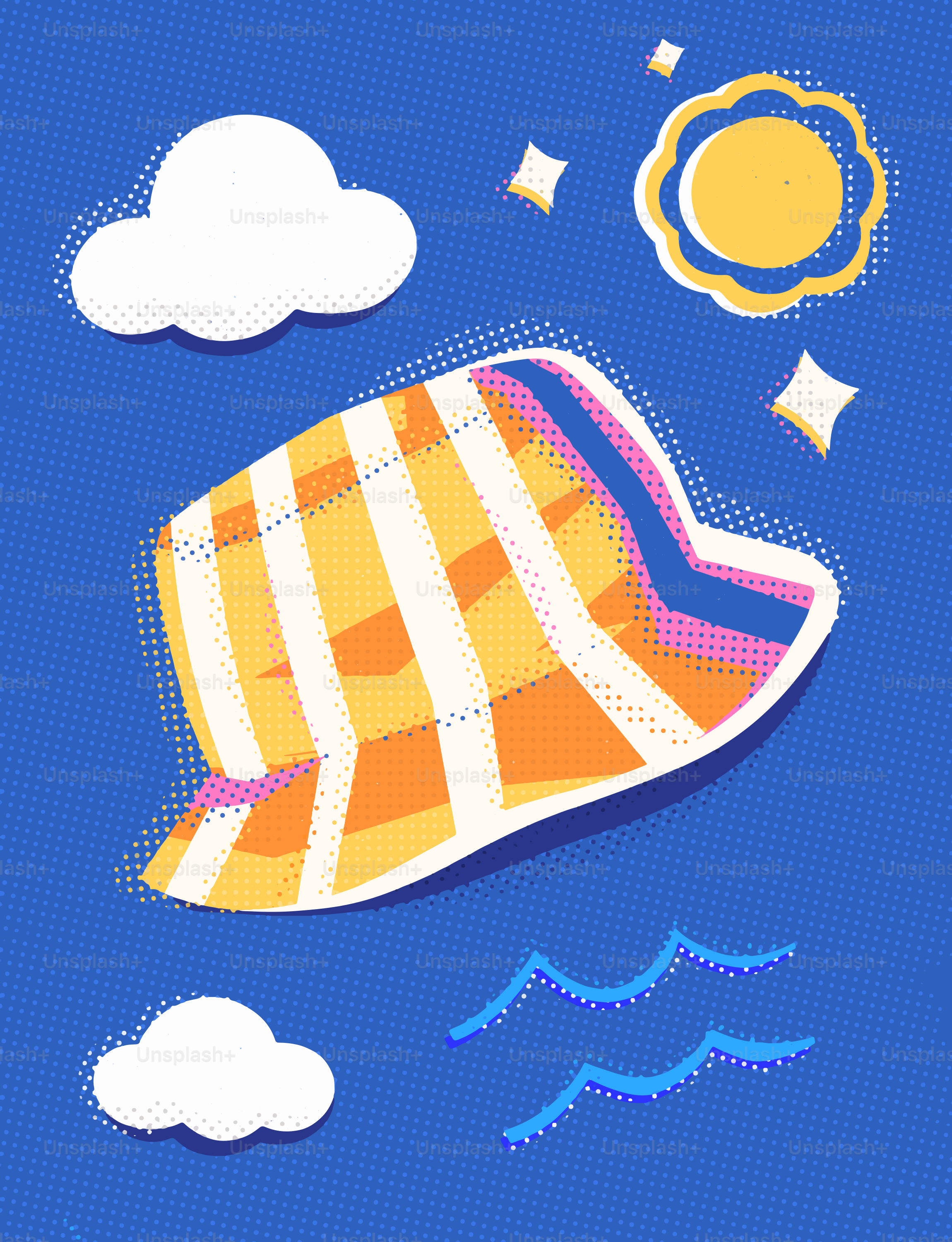 Asciugamano da spiaggia stilizzato, nuvole, sole e onde su sfondo blu.