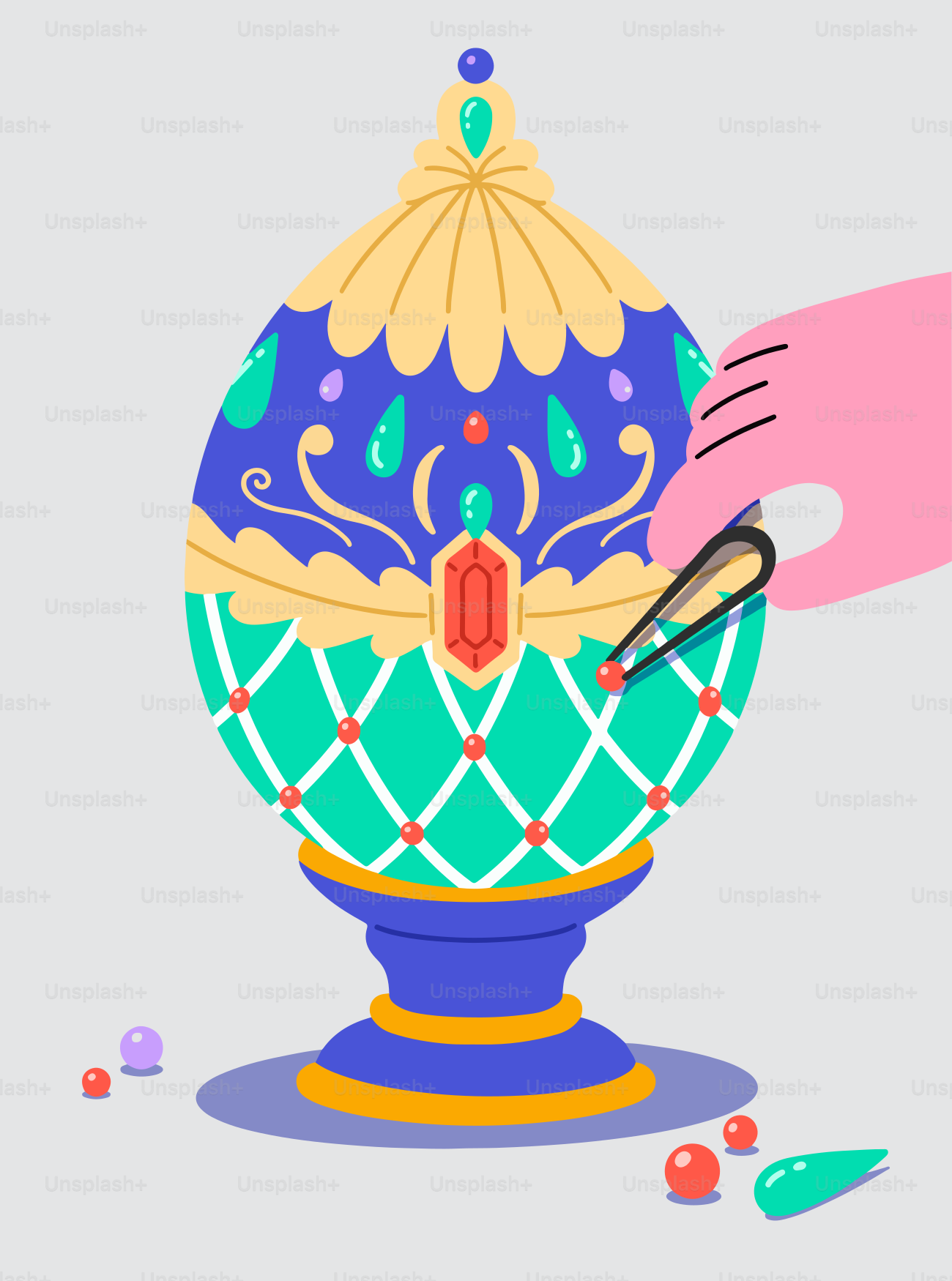 Sebuah tangan menghiasi telur berornamen bertatahkan permata dengan pinset.