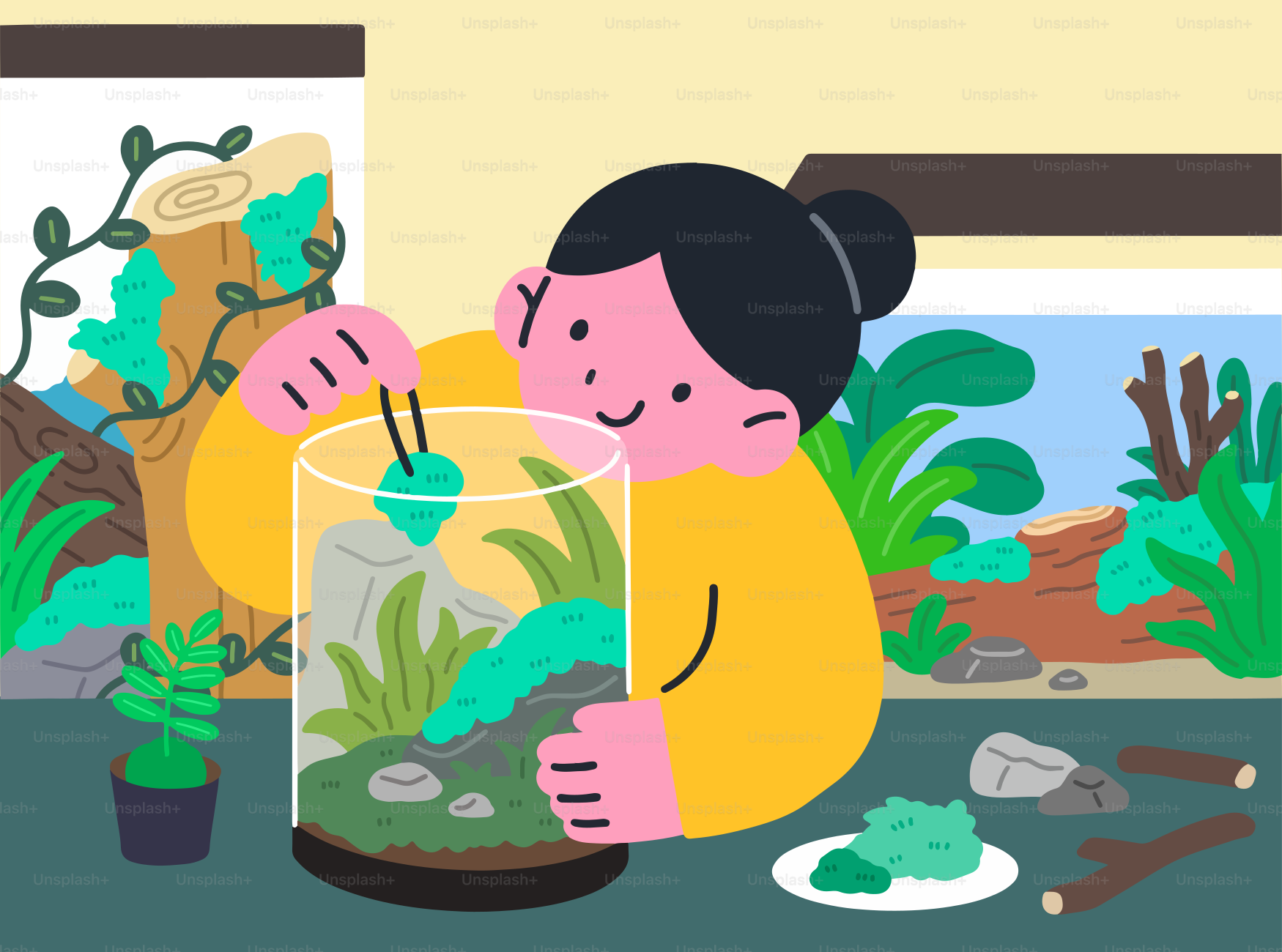 Wanita membangun terarium kecil, menempatkan tanaman dengan pinset.