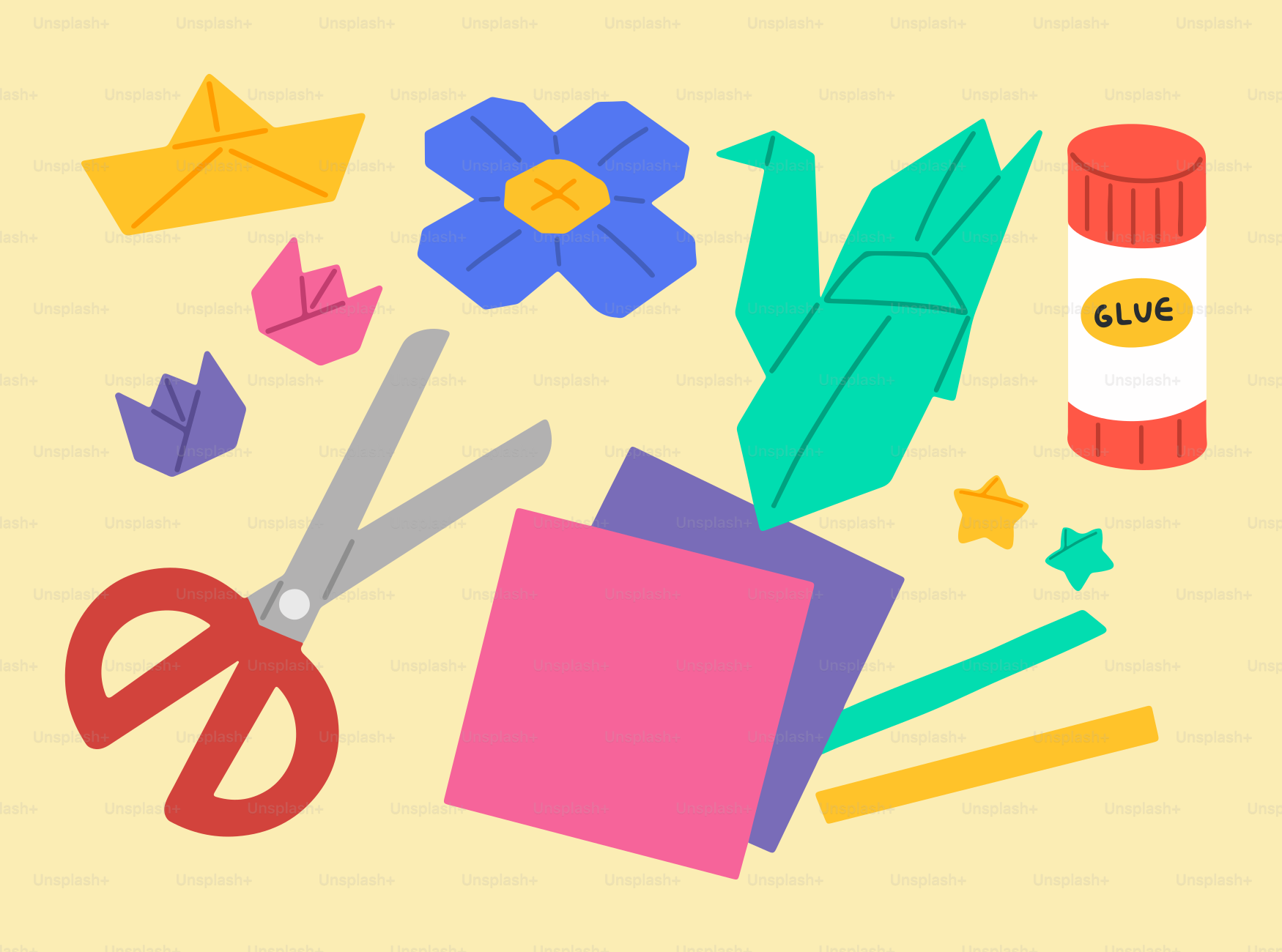 Kerajinan origami berwarna-warni, gunting, kertas, dan lem.