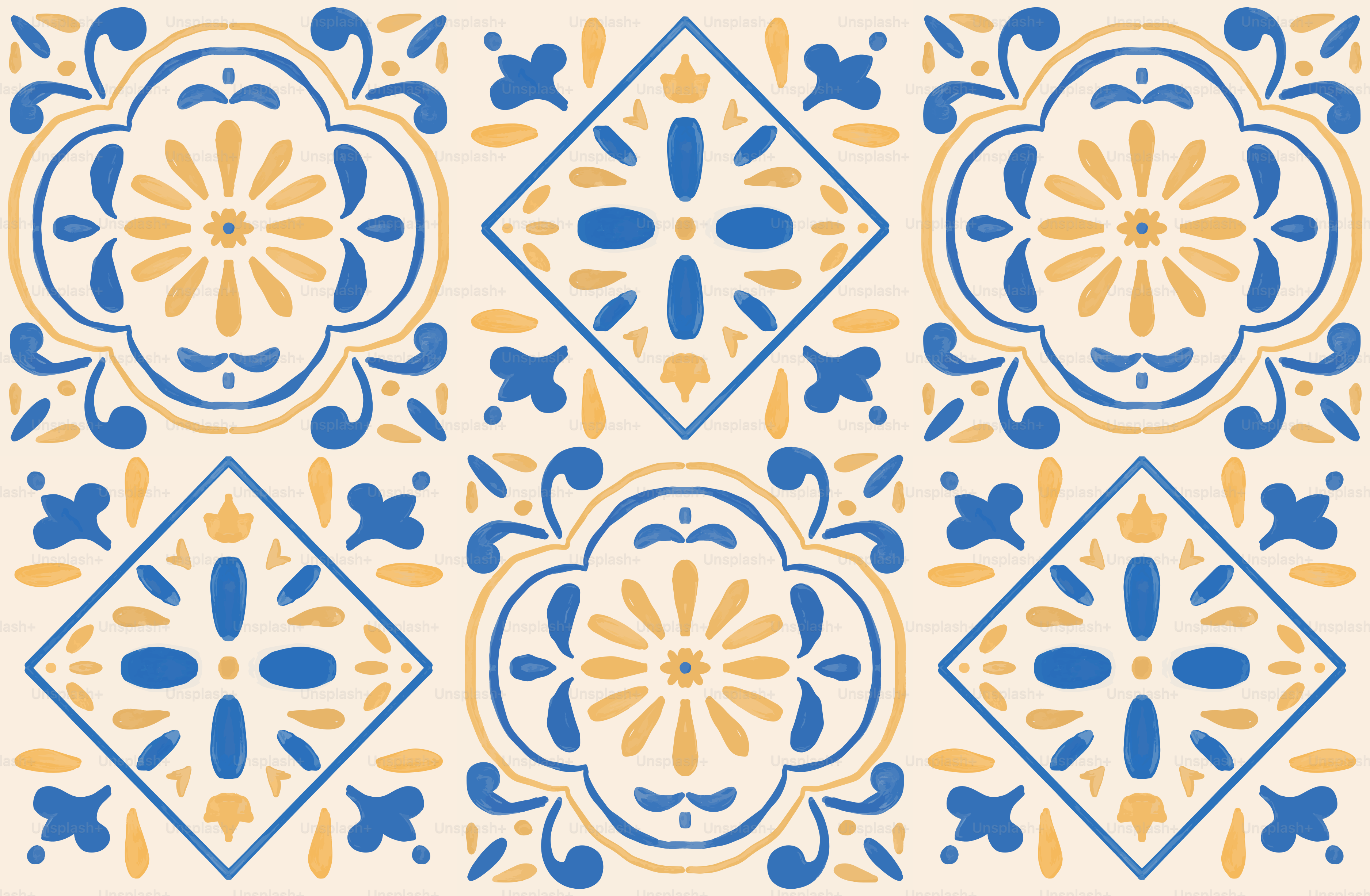 Blue and yellow floral geometric pattern on a light background.