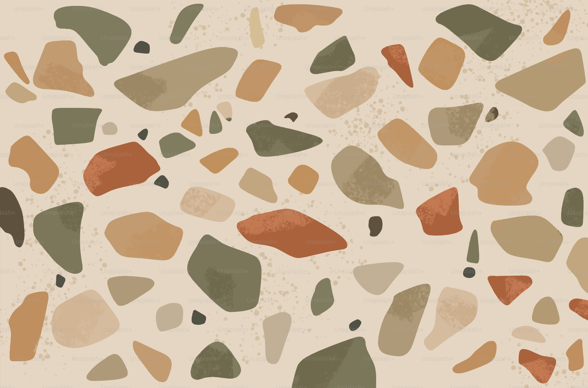 Un fondo beige con fragmentos dispersos y coloridos al estilo terrazzo.