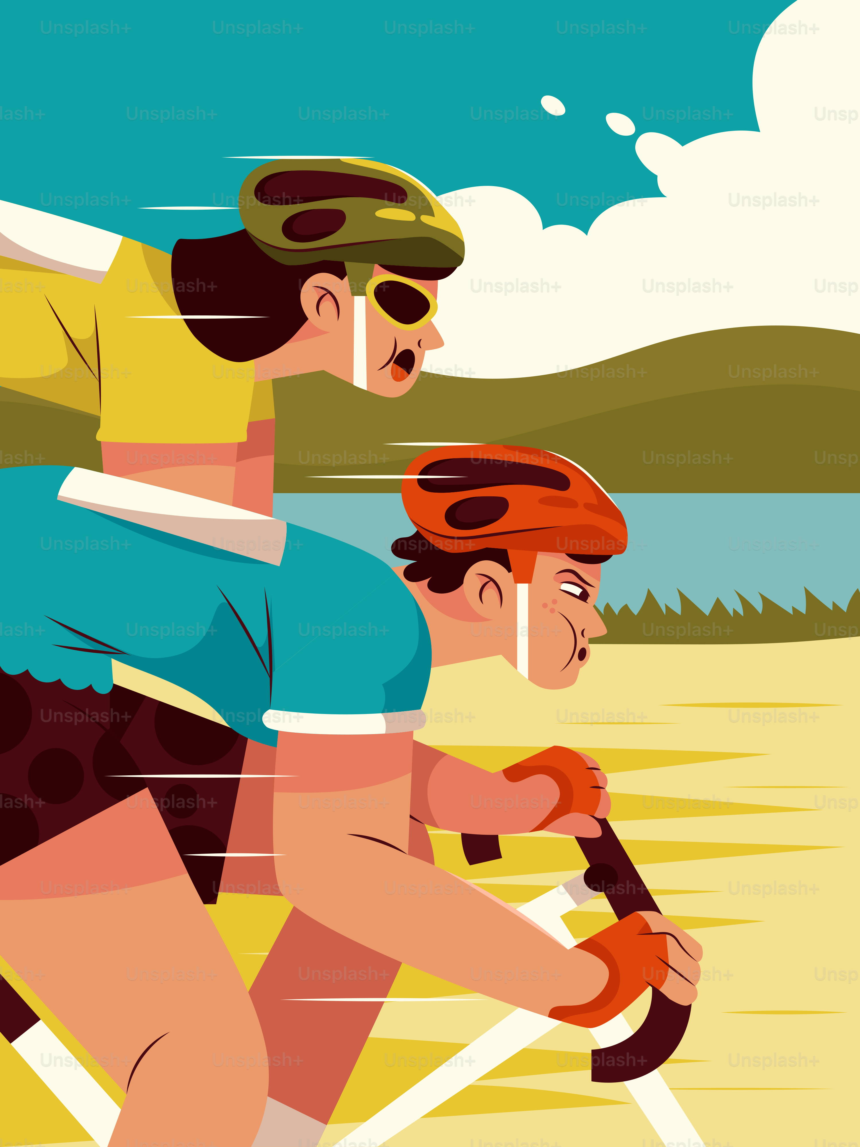 Zwei Radfahrer rasen an einem See und entfernten Bergen vorbei.