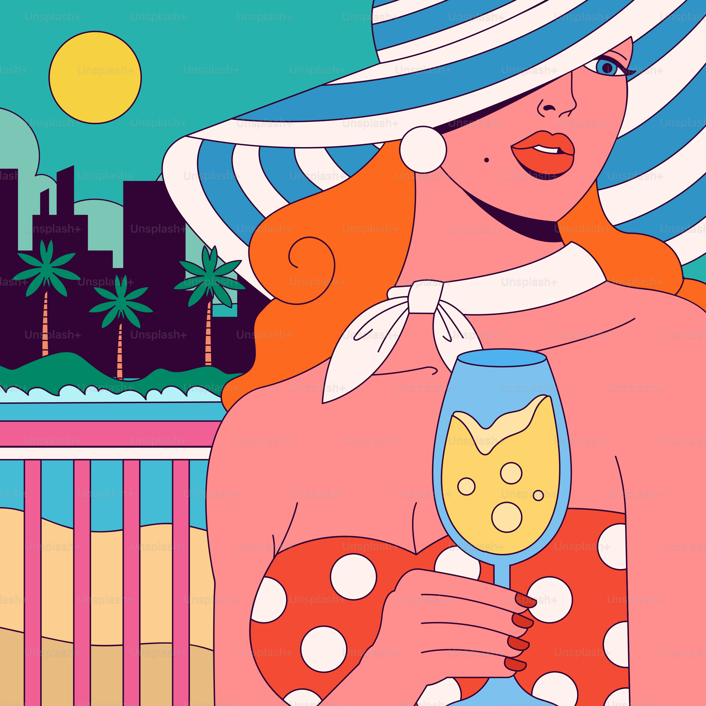 Mujer elegante con sombrero bebe vino junto a una ciudad de playa.