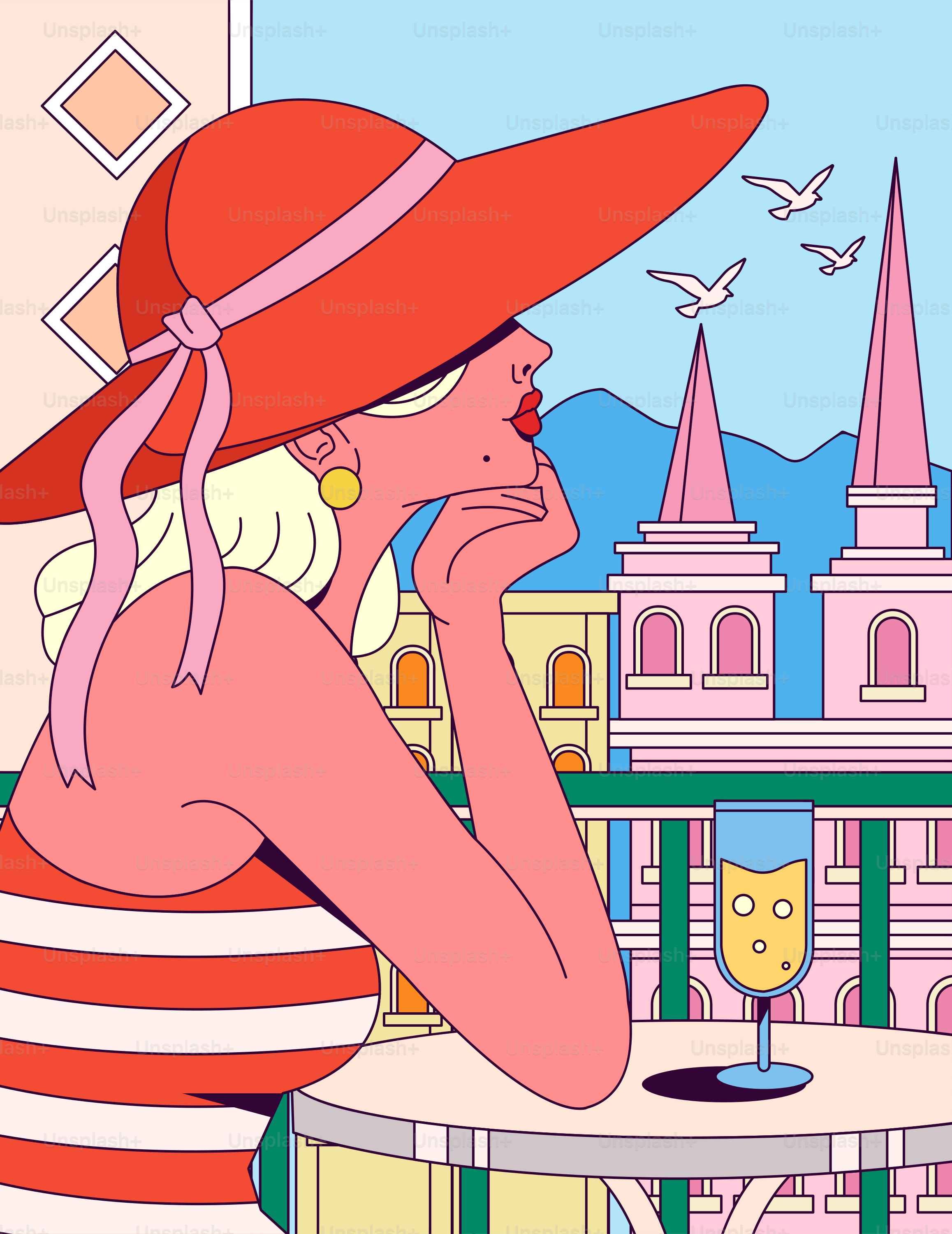 Elegante Frau mit rotem Hut auf dem Balkon mit Stadtblick.